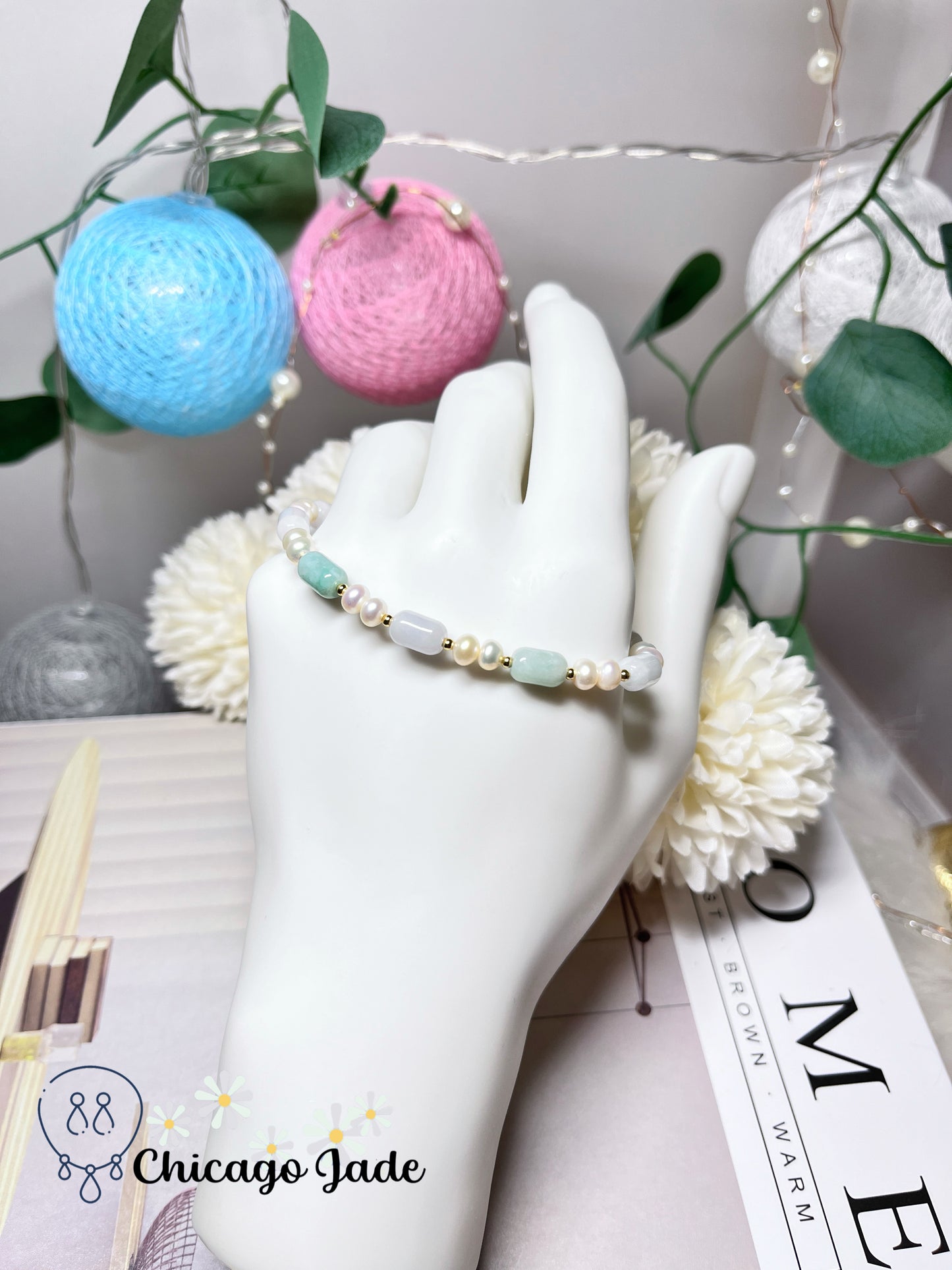 Multi-Color Natural Grade A Untreated Burma Jadeite Jade Feicui with Freshwater Pearls Handmade Beaded Bracelet