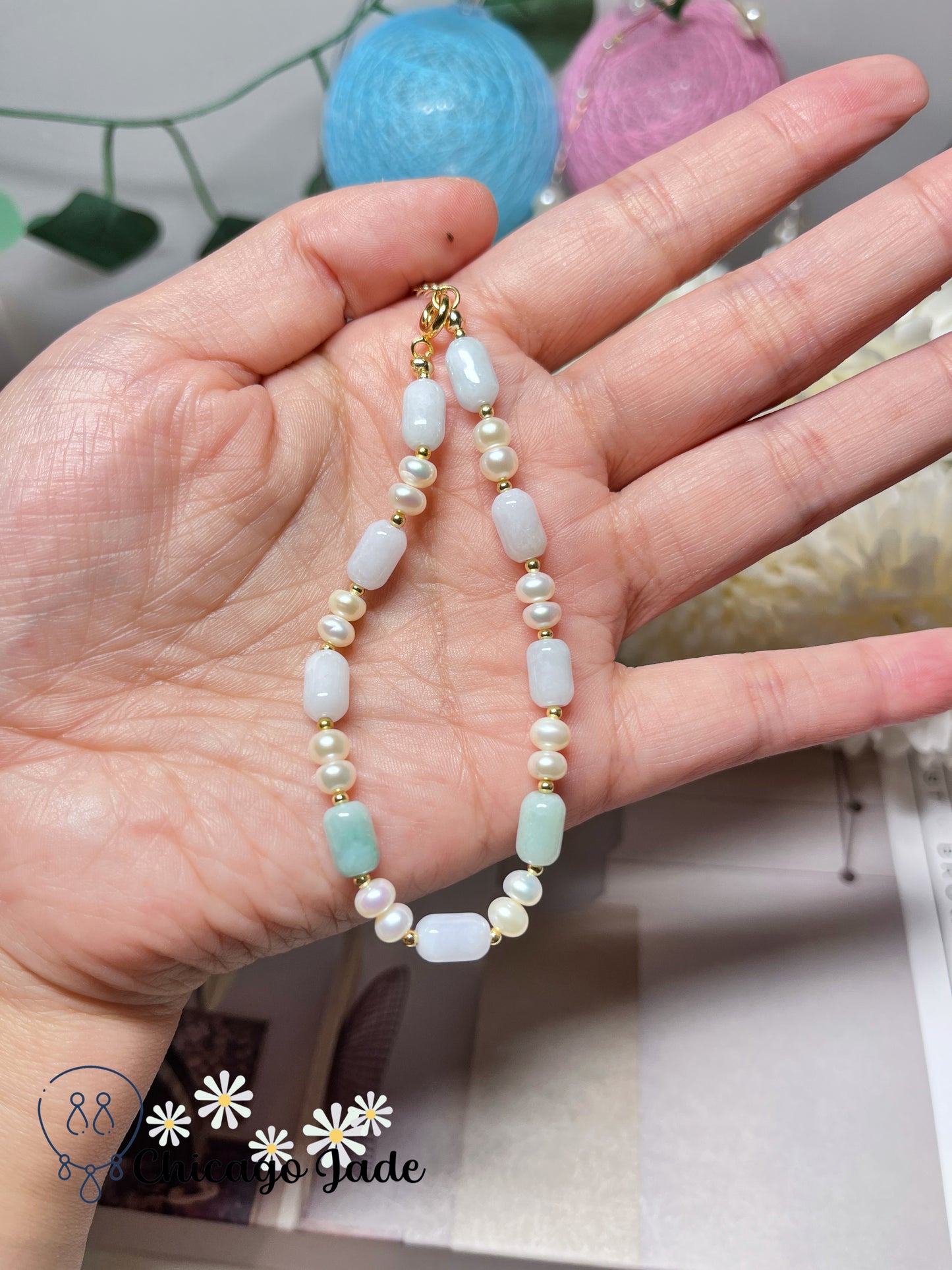 Multi-Color Natural Grade A Untreated Burma Jadeite Jade Feicui with Freshwater Pearls Handmade Beaded Bracelet