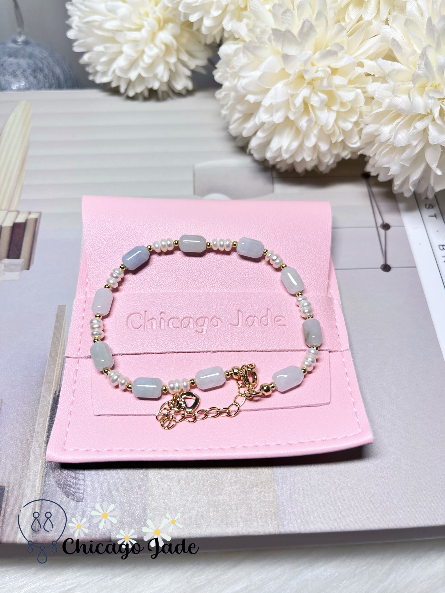 Freshwater Pearls with Natural Untreated Grade A Burma Jadeite Jade Feicui Beaded Bracelet Handmade Gift