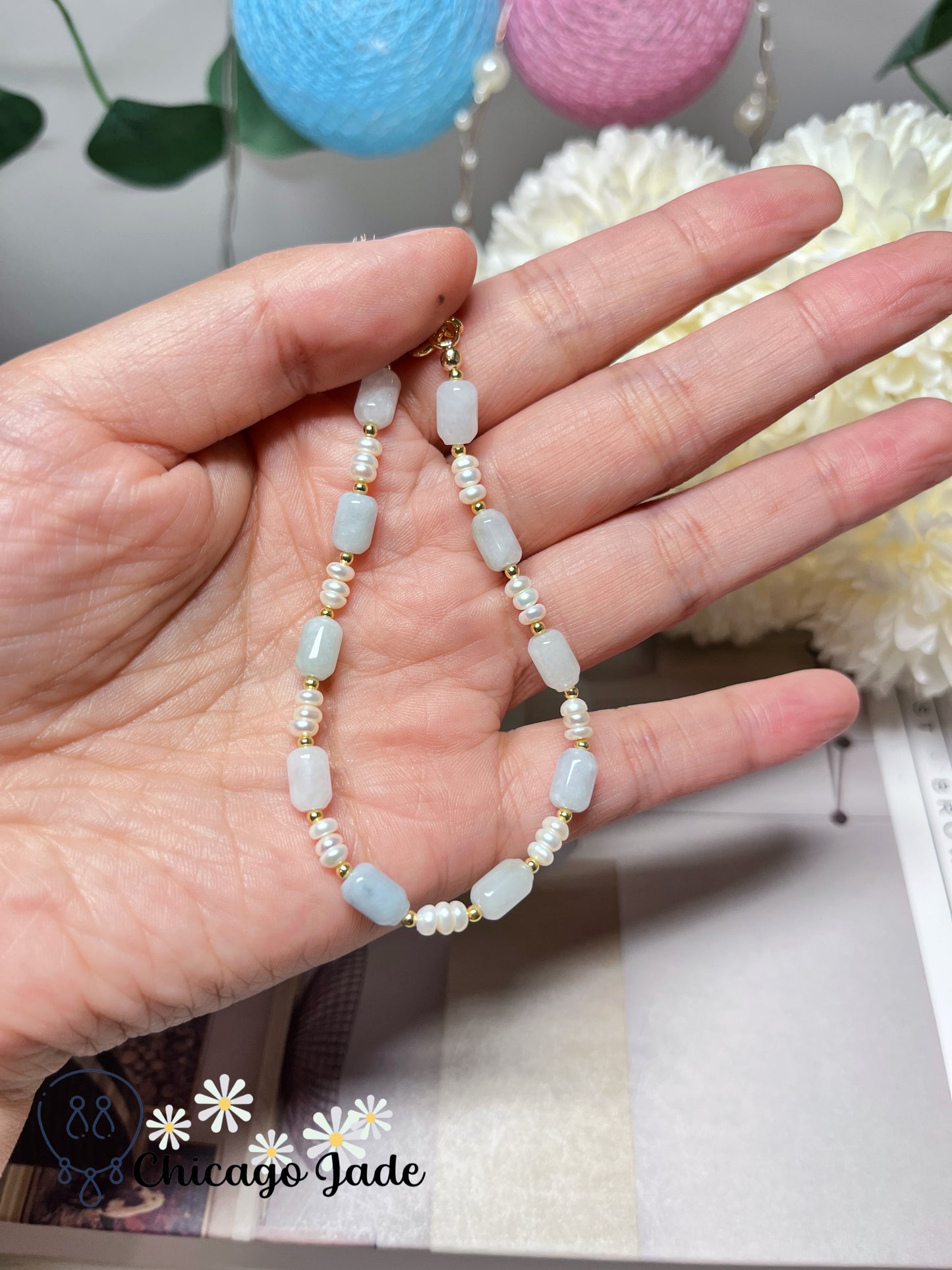 Freshwater Pearls with Natural Untreated Grade A Burma Jadeite Jade Feicui Beaded Bracelet Handmade Gift