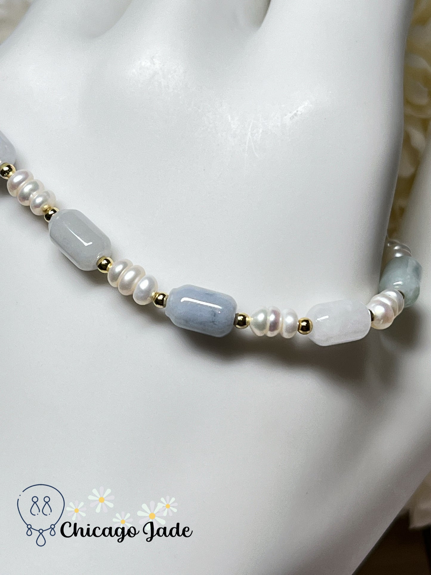 Freshwater Pearls with Natural Untreated Grade A Burma Jadeite Jade Feicui Beaded Bracelet Handmade Gift