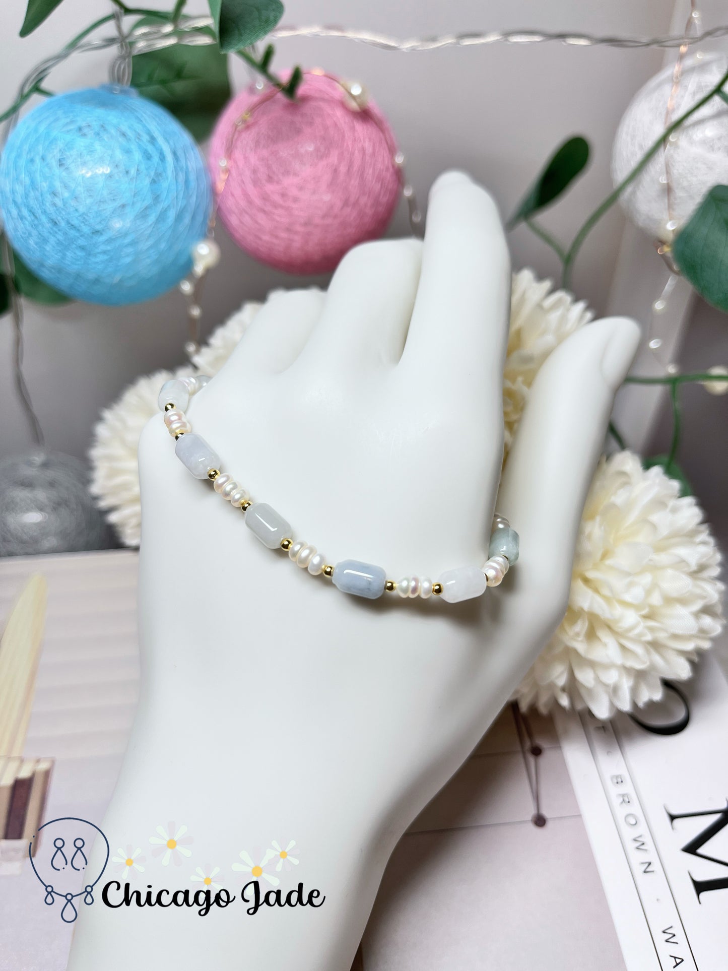 Freshwater Pearls with Natural Untreated Grade A Burma Jadeite Jade Feicui Beaded Bracelet Handmade Gift