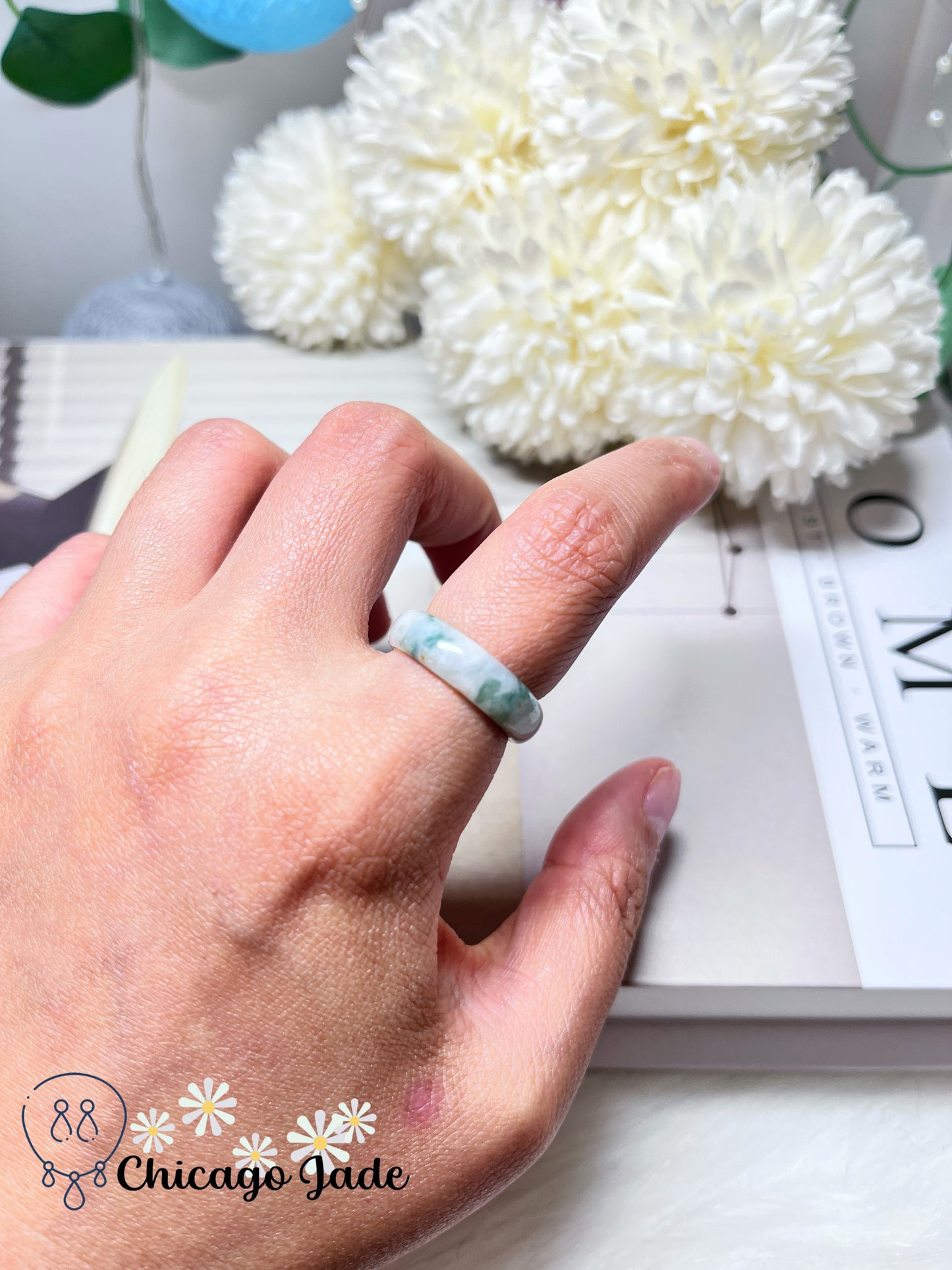 Size 6-6.5 Natural Untreated Jadeite Jade Ring Band Moonlight White with Green Highlights Myanmar Handmade Finely Polished