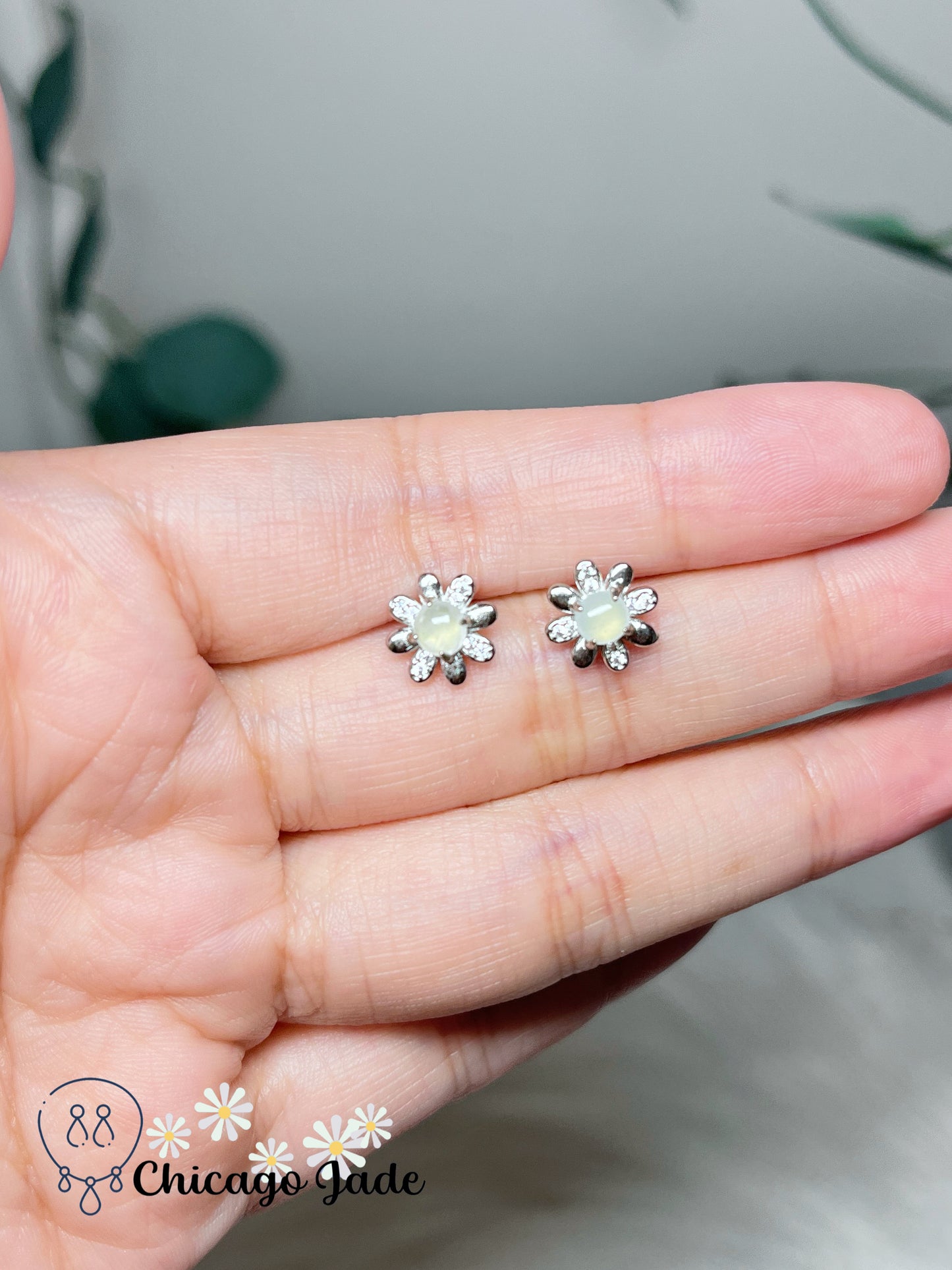 Icy Moonlight Round Jadeite Jade Feicui on Sterling Silver Stub Earring Authentic Grade A