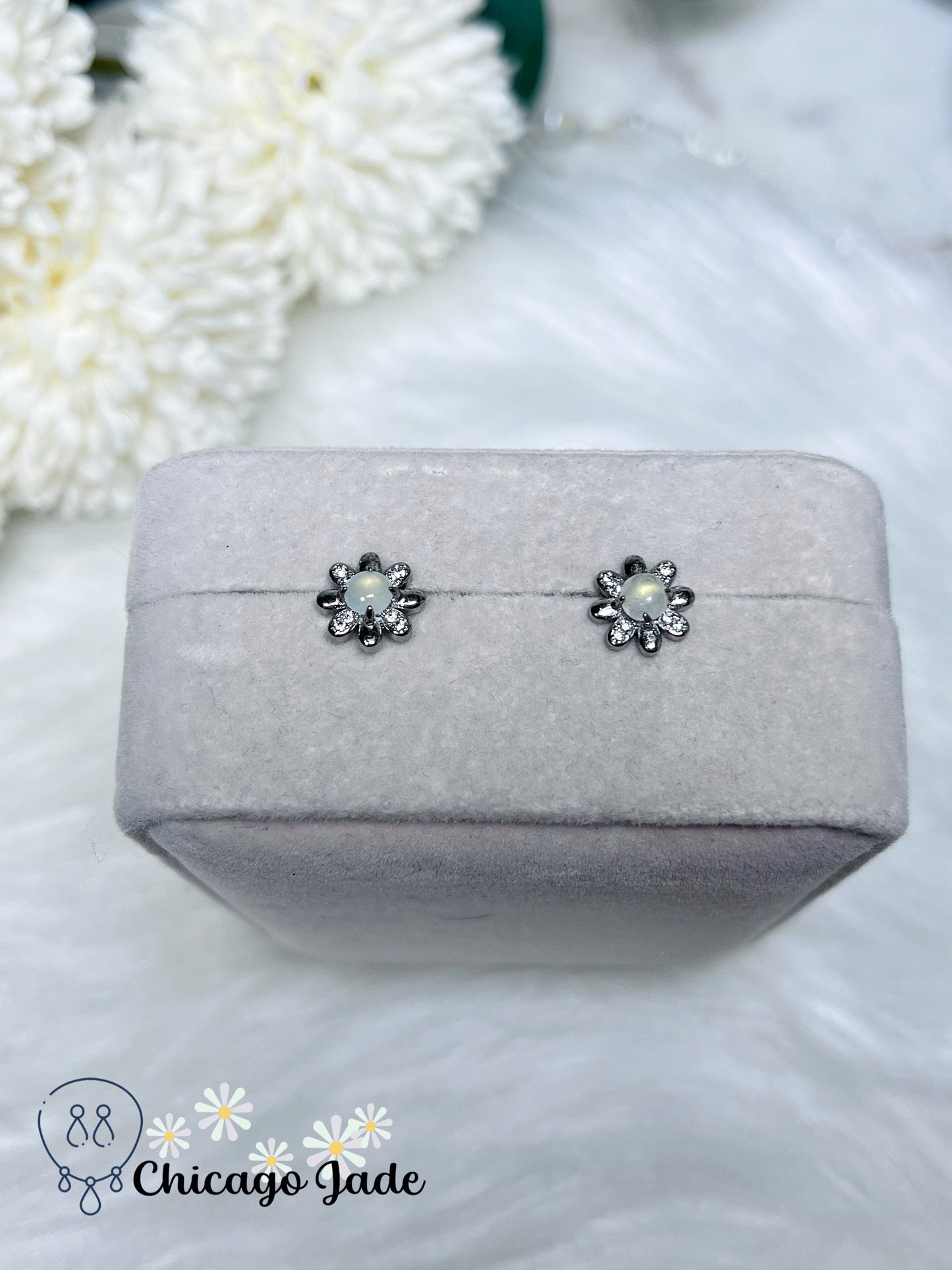 Icy Moonlight Round Jadeite Jade Feicui on Sterling Silver Stub Earring Authentic Grade A