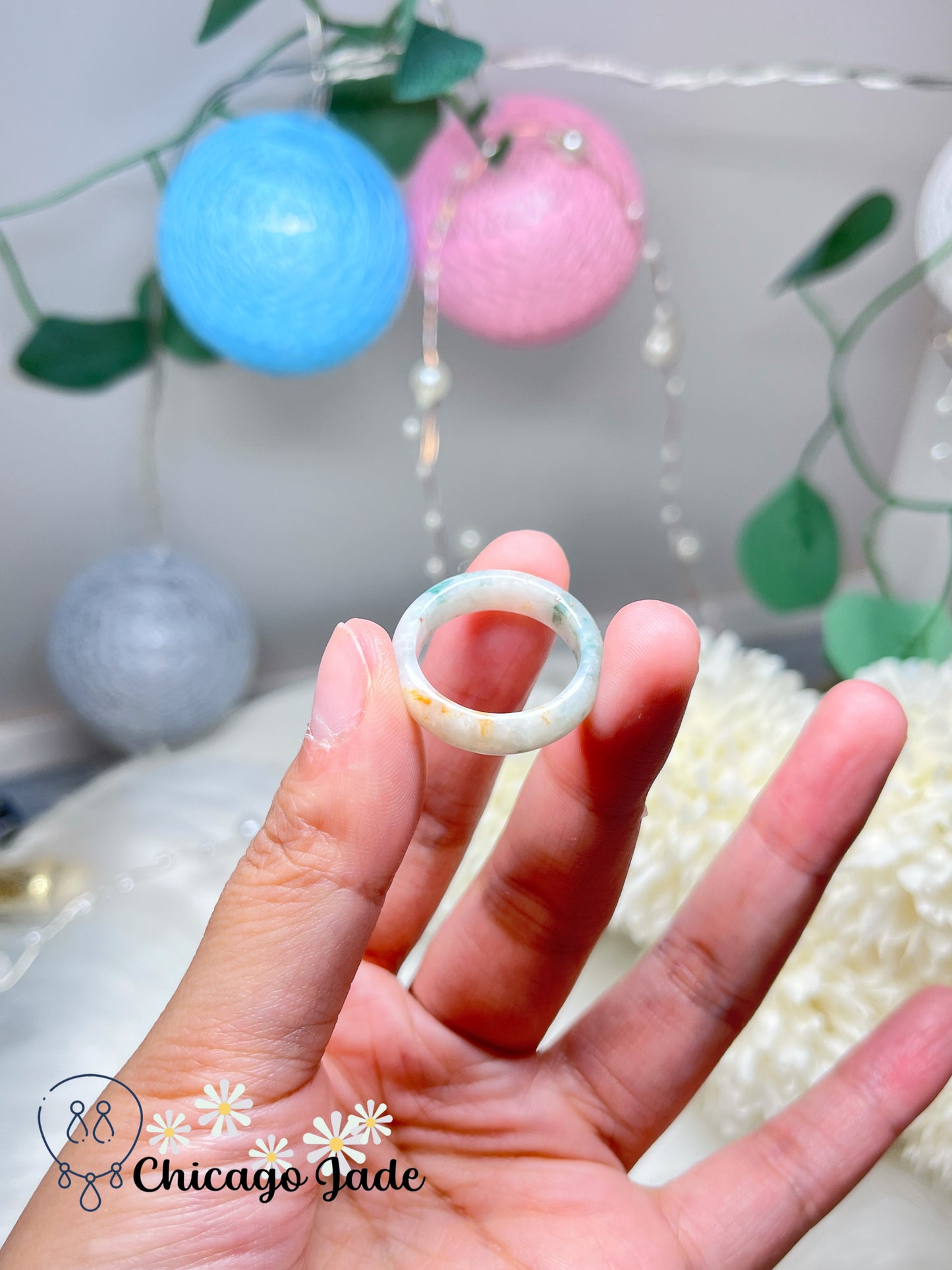 Size 7.5 Multi-Color Natural Grade A Certified Burma Jadeite Jade Ring Band Handmade Gift