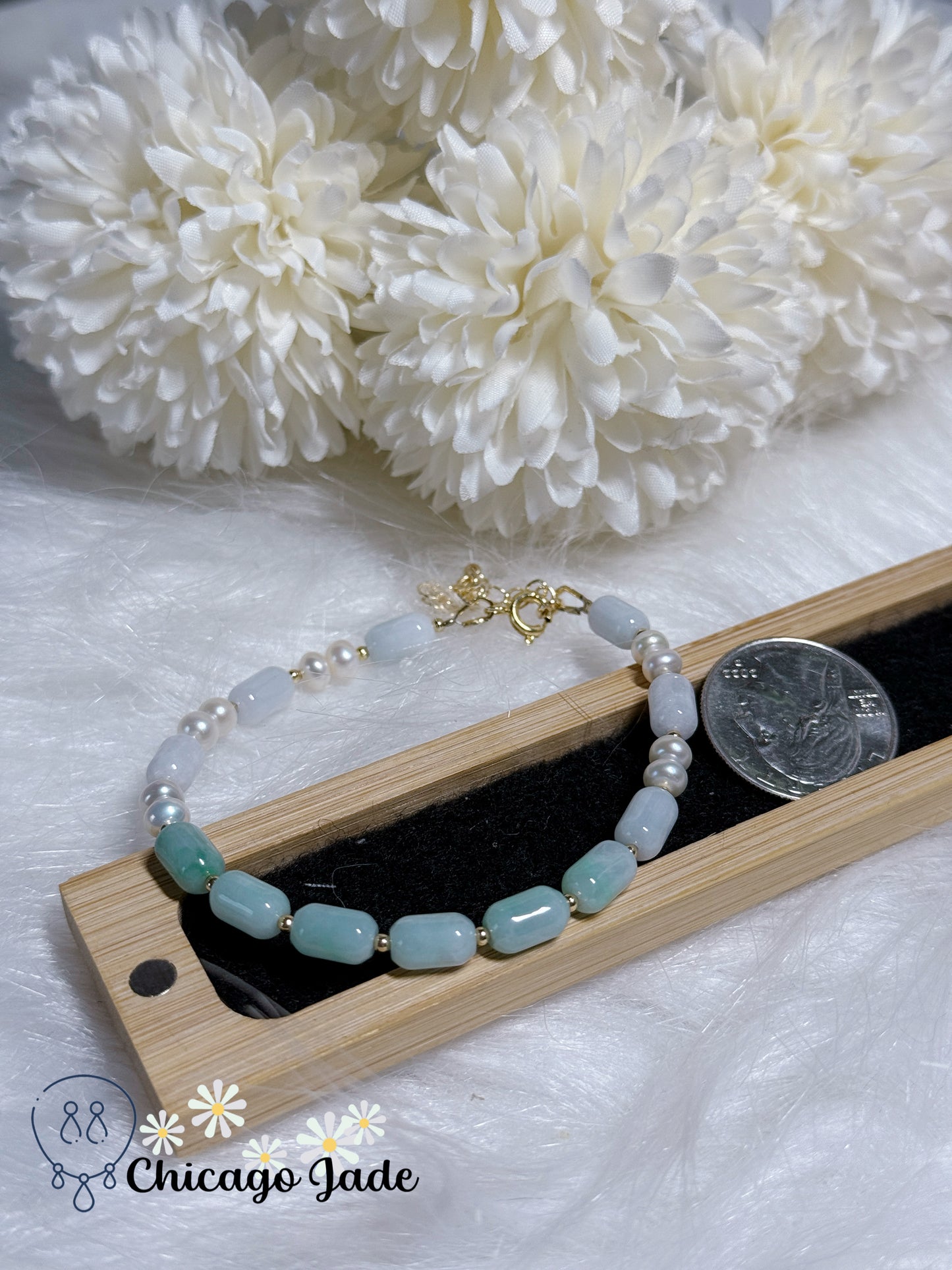 Light Blue Natural Untreated Grade A Type A Burma Jadeite Jade Feicui Beads with Freshwater Pearl Handmade Adjustable Bracelet Gift