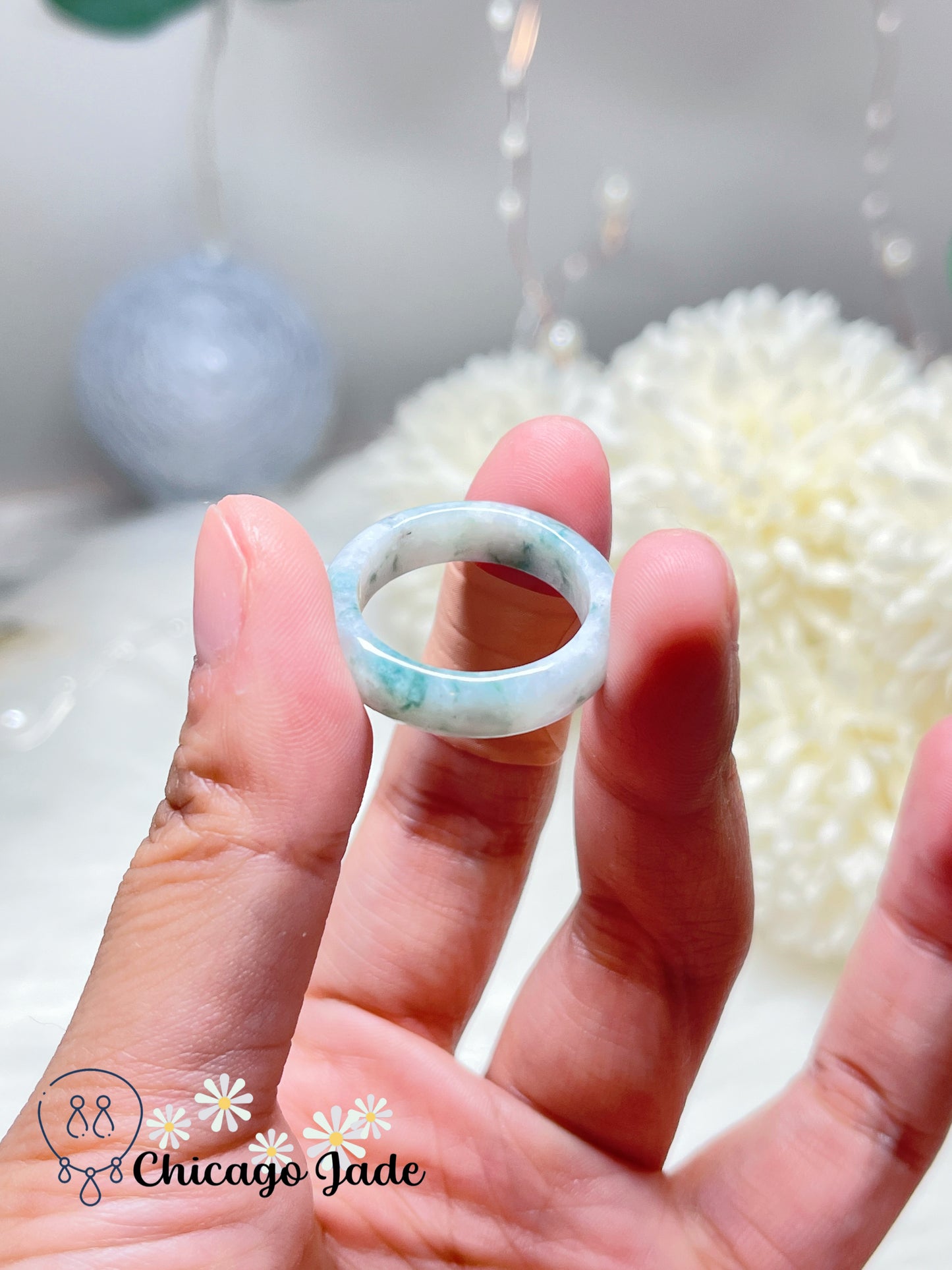Size 8.5 Natural Grade A Floating Green Authentic Burma Jadeite Jade Feicui Ring Band Handmade Gift Certified