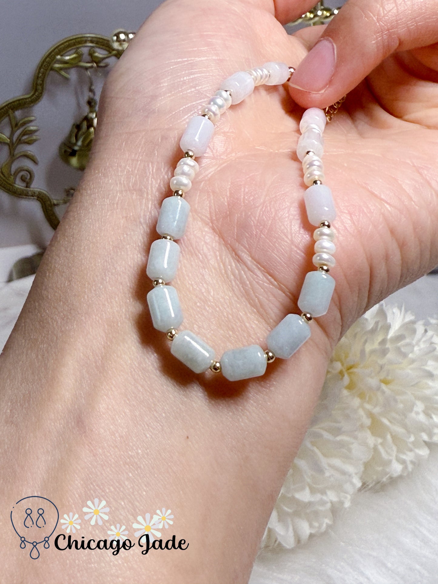 Natural Grade A Type A Burma Jadeite Jade Feicui Beads with Freshwater Pearl Handmade Adjustable Bracelet