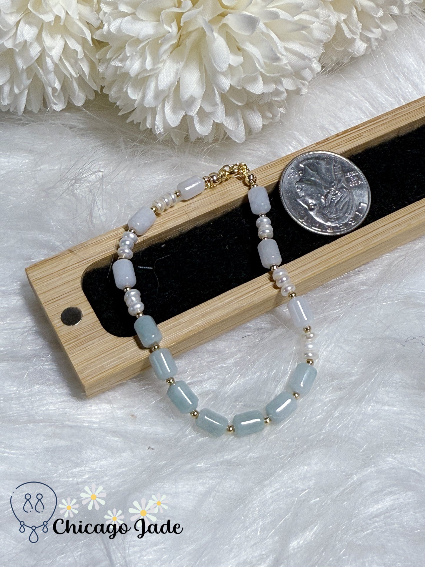 Natural Grade A Type A Burma Jadeite Jade Feicui Beads with Freshwater Pearl Handmade Adjustable Bracelet