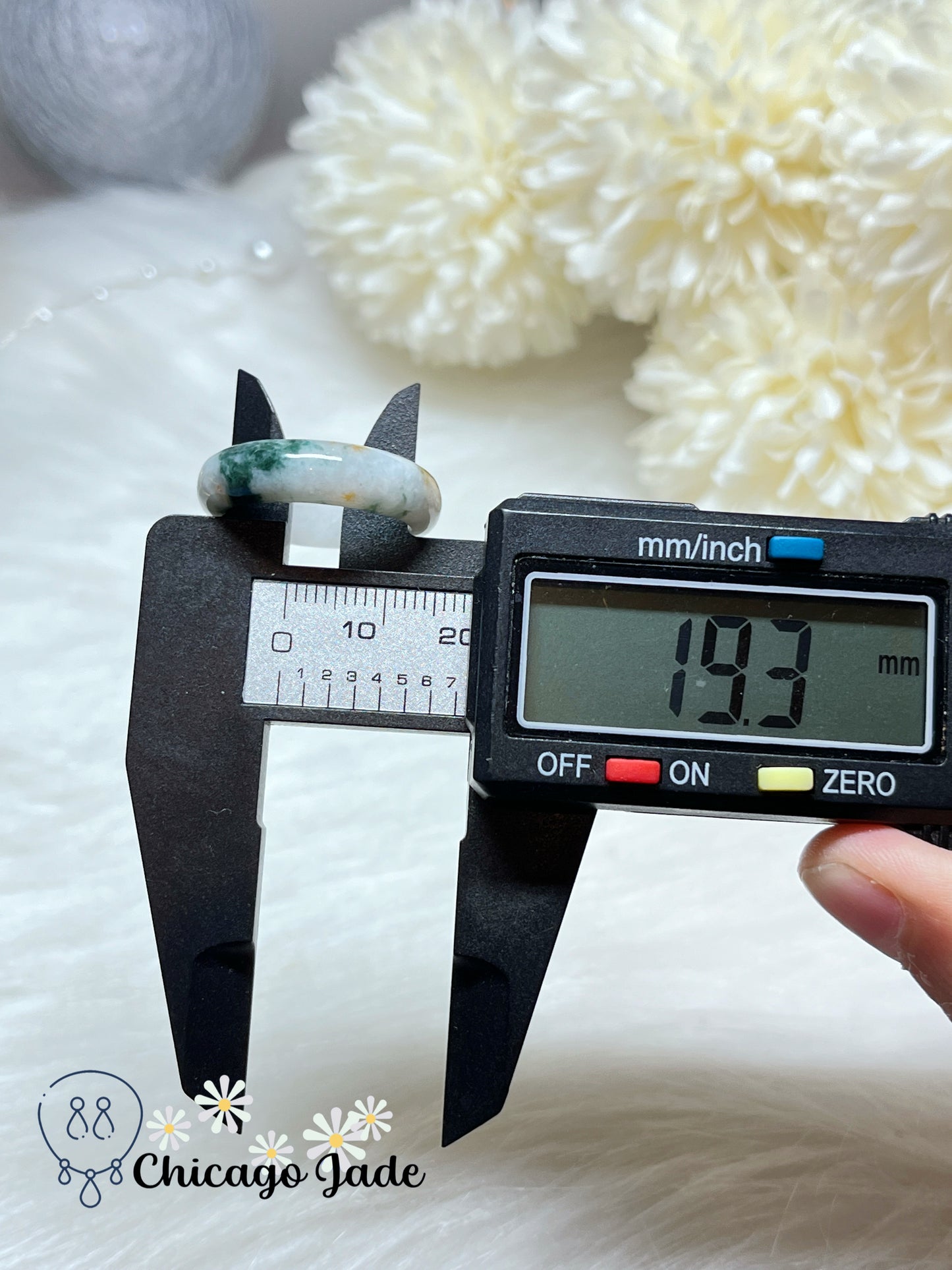 Size 8.5 Moonlight White Base with Floating Green Flowers and Orange Highlight Natural Grade A Authentic Certified Ring Band
