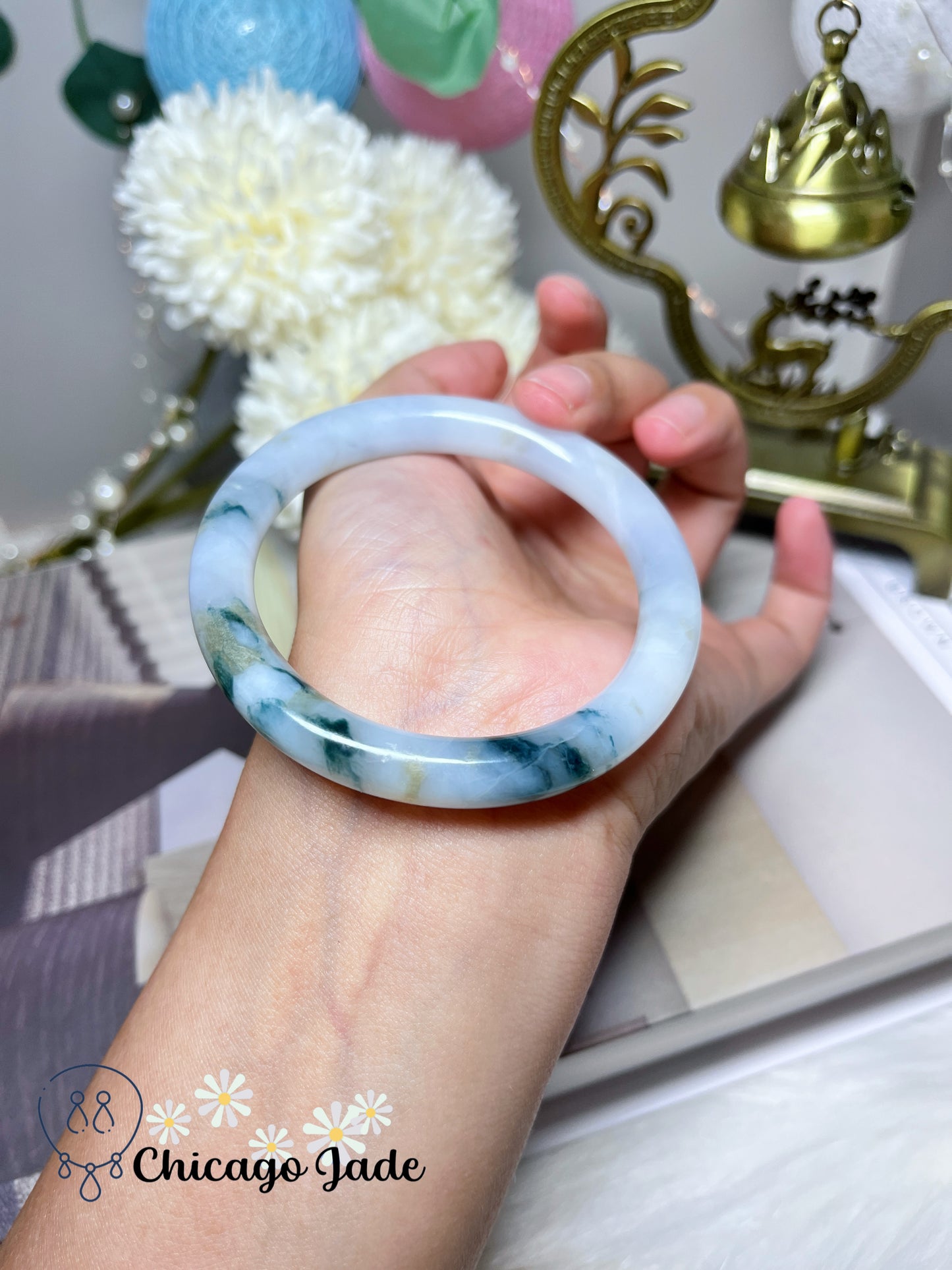 55.1mm Size M Round Jelly Base Icy Tri-Color Natural Jadeite Jade Feicui Bangle Burma Certified