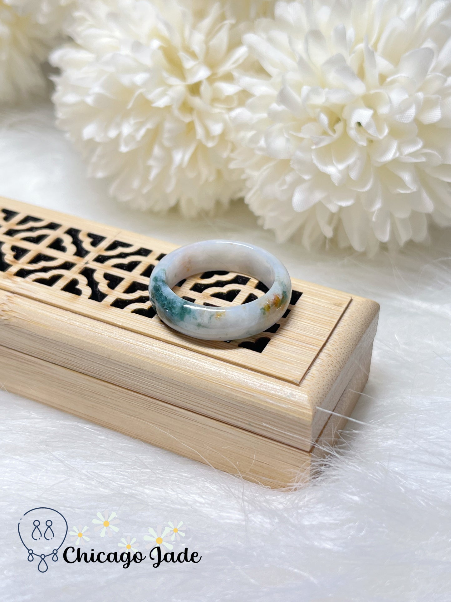 Size 8.5 Moonlight White Base with Floating Green Flowers and Orange Highlight Natural Grade A Authentic Certified Ring Band