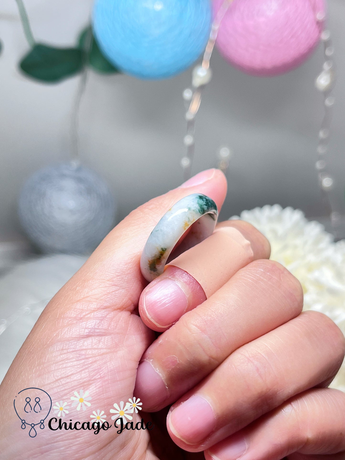 Size 8.5 Moonlight White Base with Floating Green Flowers and Orange Highlight Natural Grade A Authentic Certified Ring Band