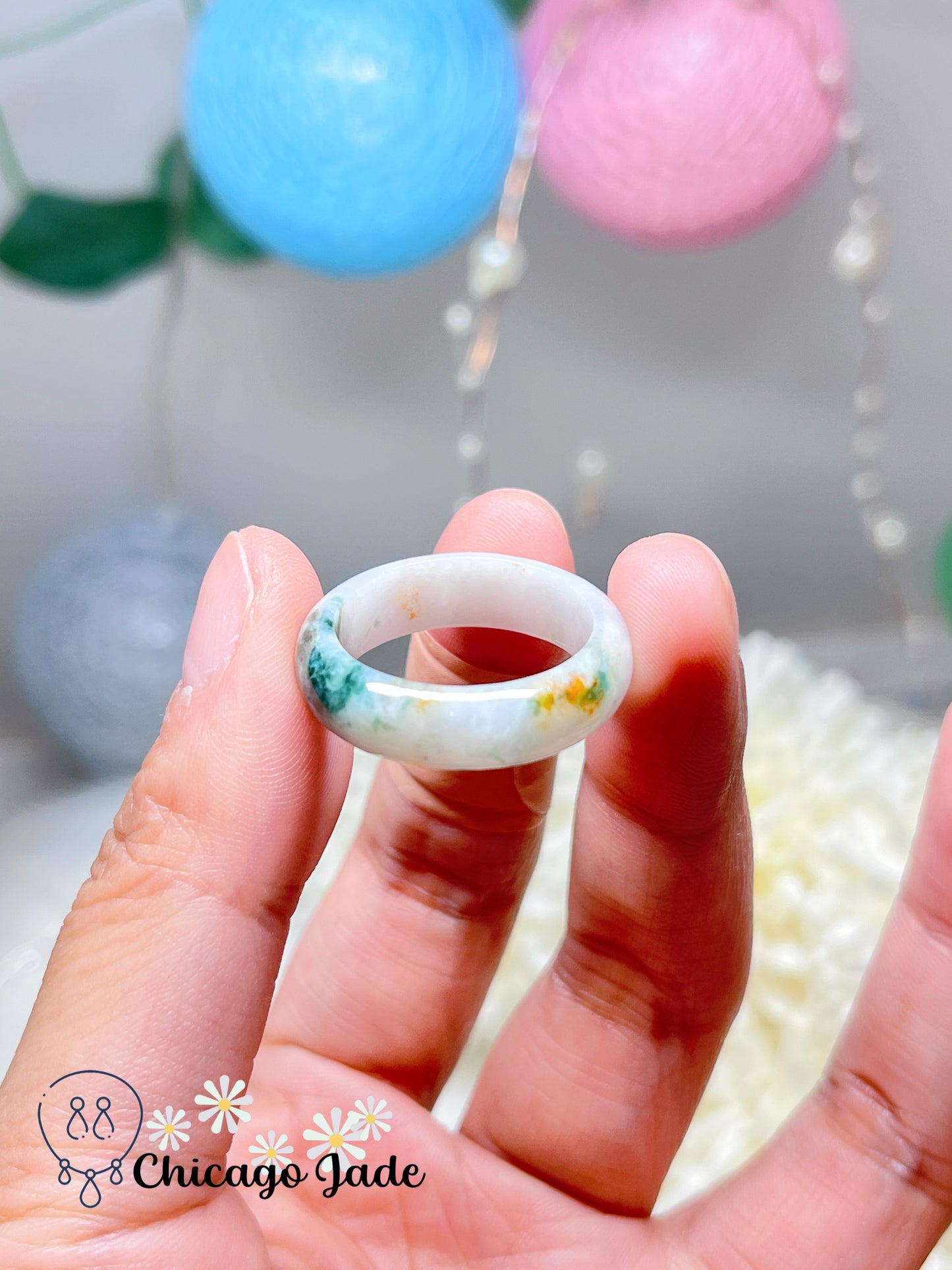 Size 8.5 Moonlight White Base with Floating Green Flowers and Orange Highlight Natural Grade A Authentic Certified Ring Band