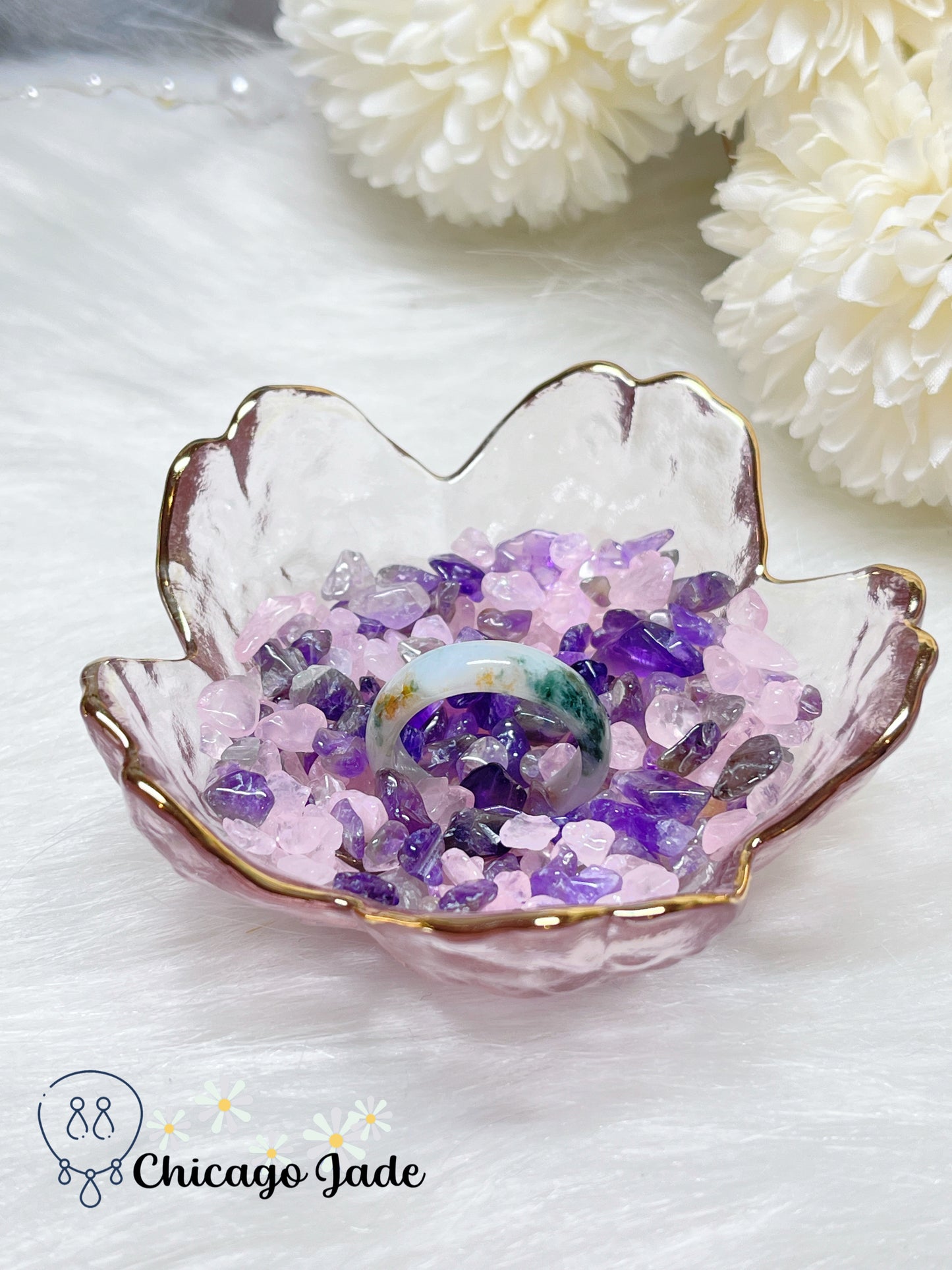 Size 8.5 Moonlight White Base with Floating Green Flowers and Orange Highlight Natural Grade A Authentic Certified Ring Band