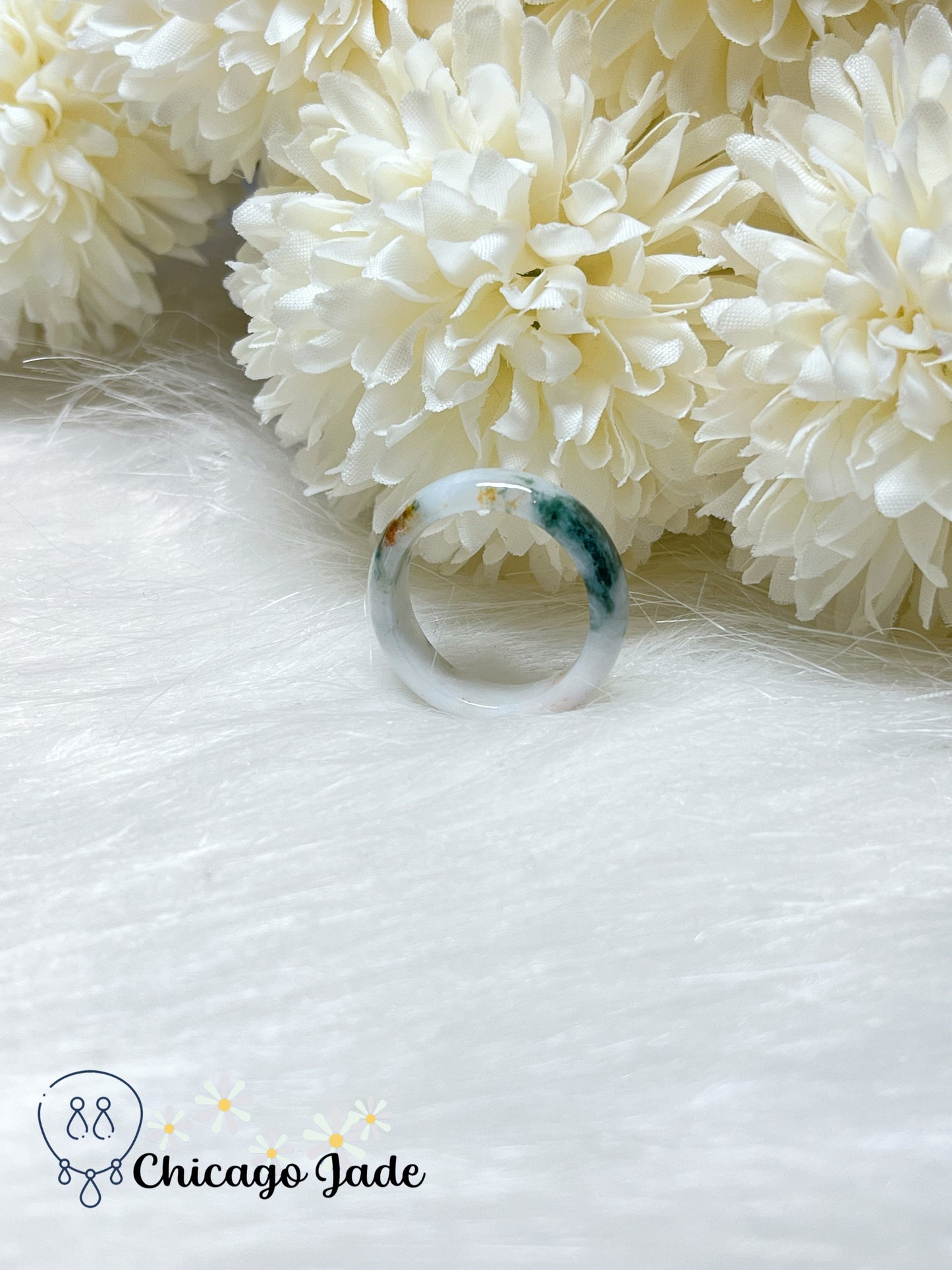 Size 8.5 Moonlight White Base with Floating Green Flowers and Orange Highlight Natural Grade A Authentic Certified Ring Band