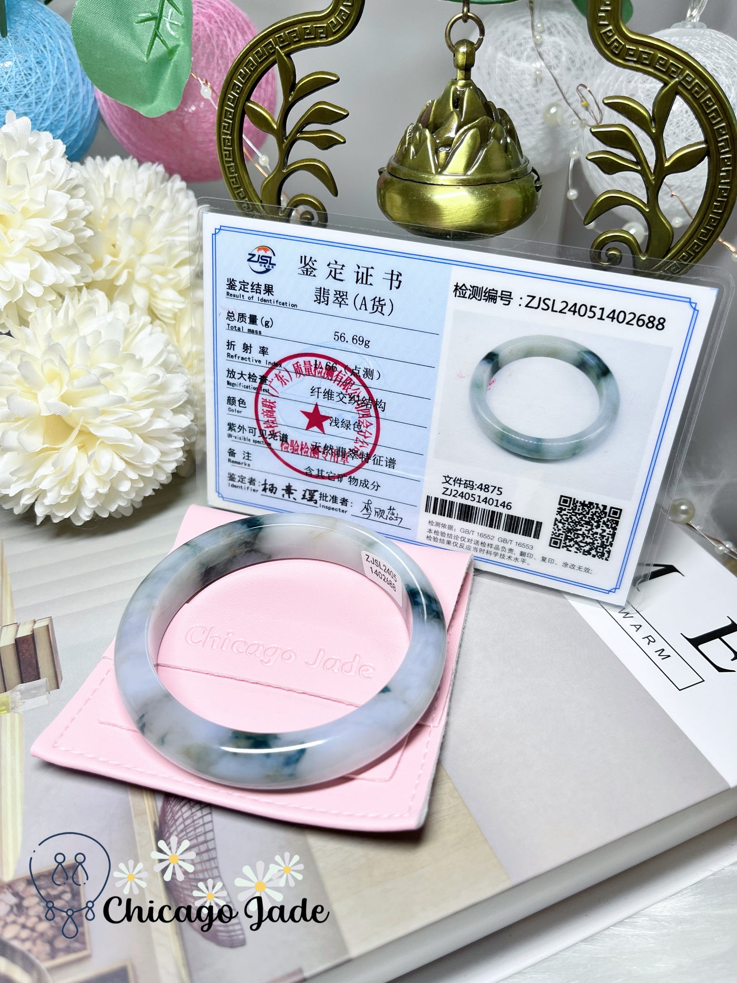 57.4mm Size M Flat Inside Jelly Base Icy Tri-Color Natural Jadeite Jade Feicui Bangle Burma Certified