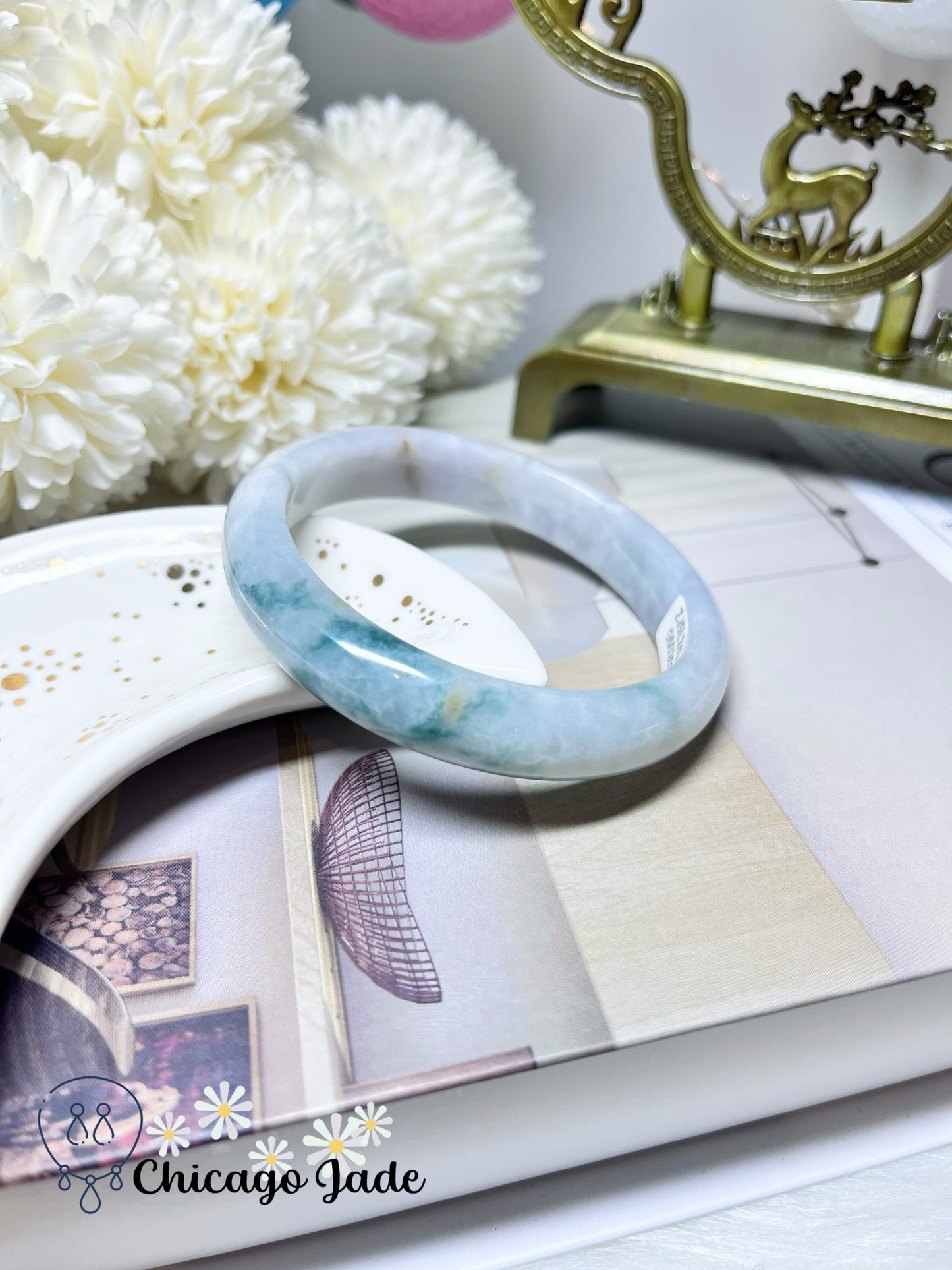 57.9mm Size M Flat Inside Moonlight Base with Floating Green Flowers Natural Jadeite Jade Feicui Bangle