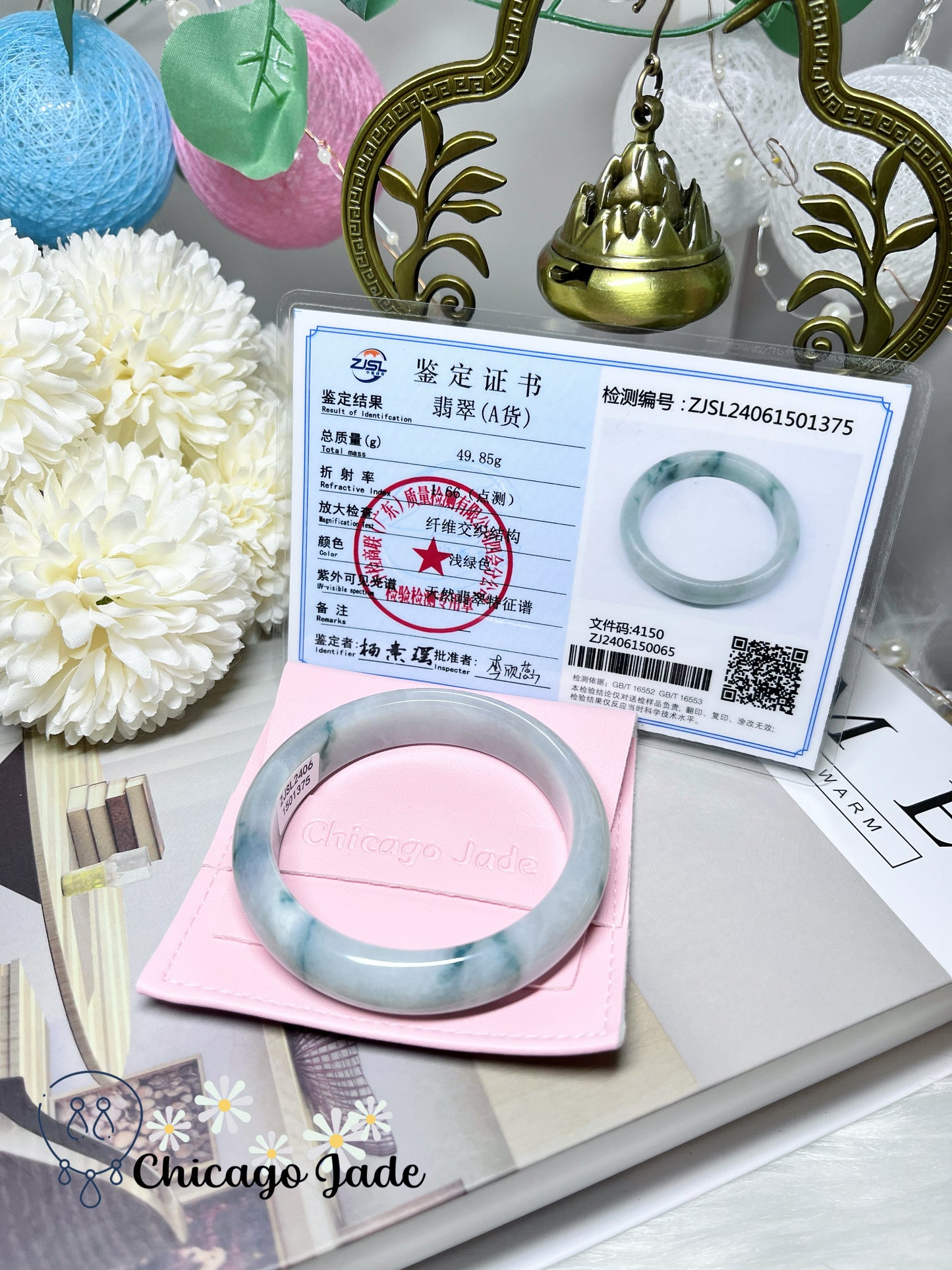 53.7mm Size S Flat Inside Moonlight White Base with Floating Blue Flower Natural Jadeite Jade Feicui Bangle