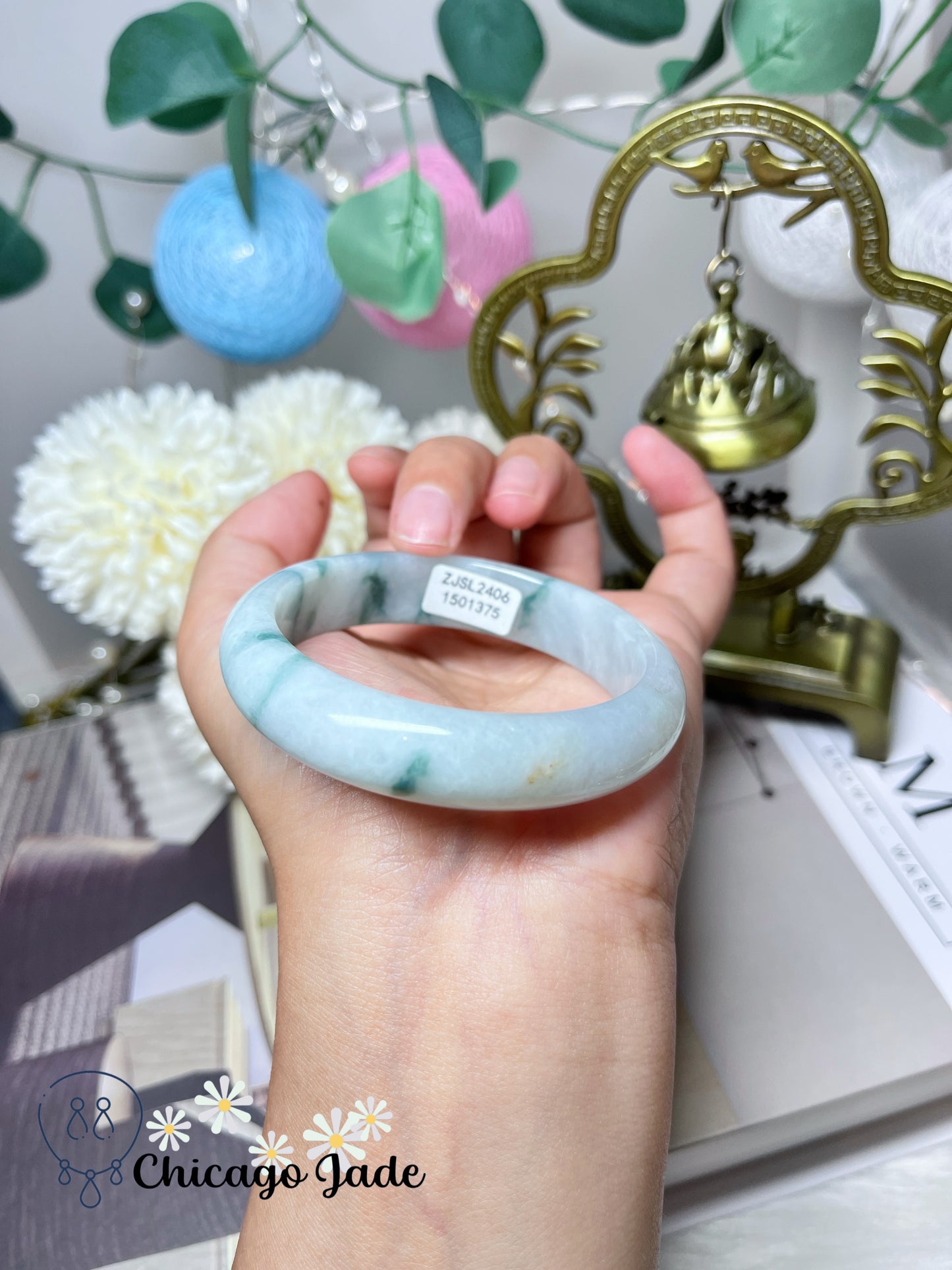 53.7mm Size S Flat Inside Moonlight White Base with Floating Blue Flower Natural Jadeite Jade Feicui Bangle