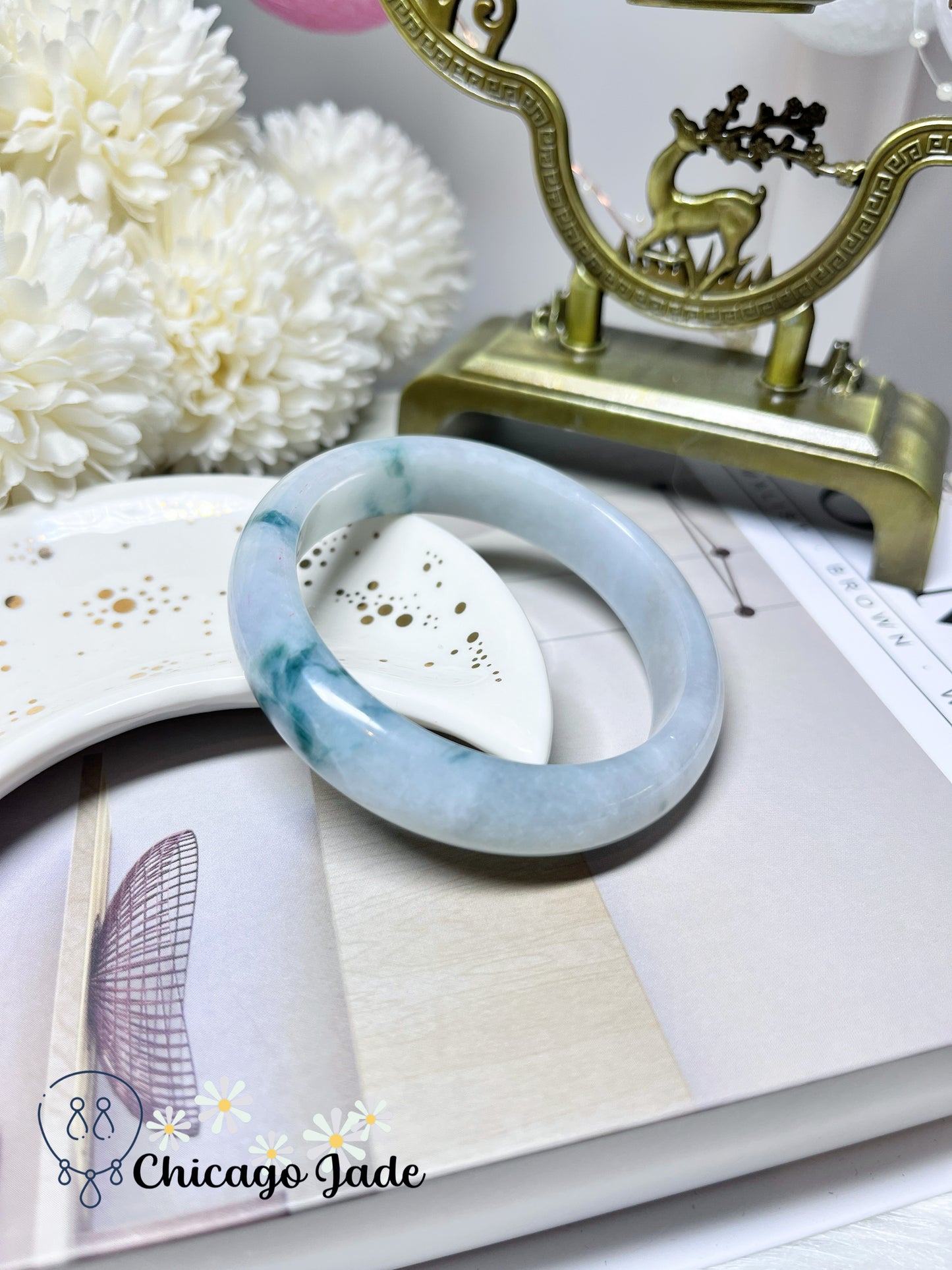 53.7mm Size S Flat Inside Moonlight White Base with Floating Blue Flower Natural Jadeite Jade Feicui Bangle