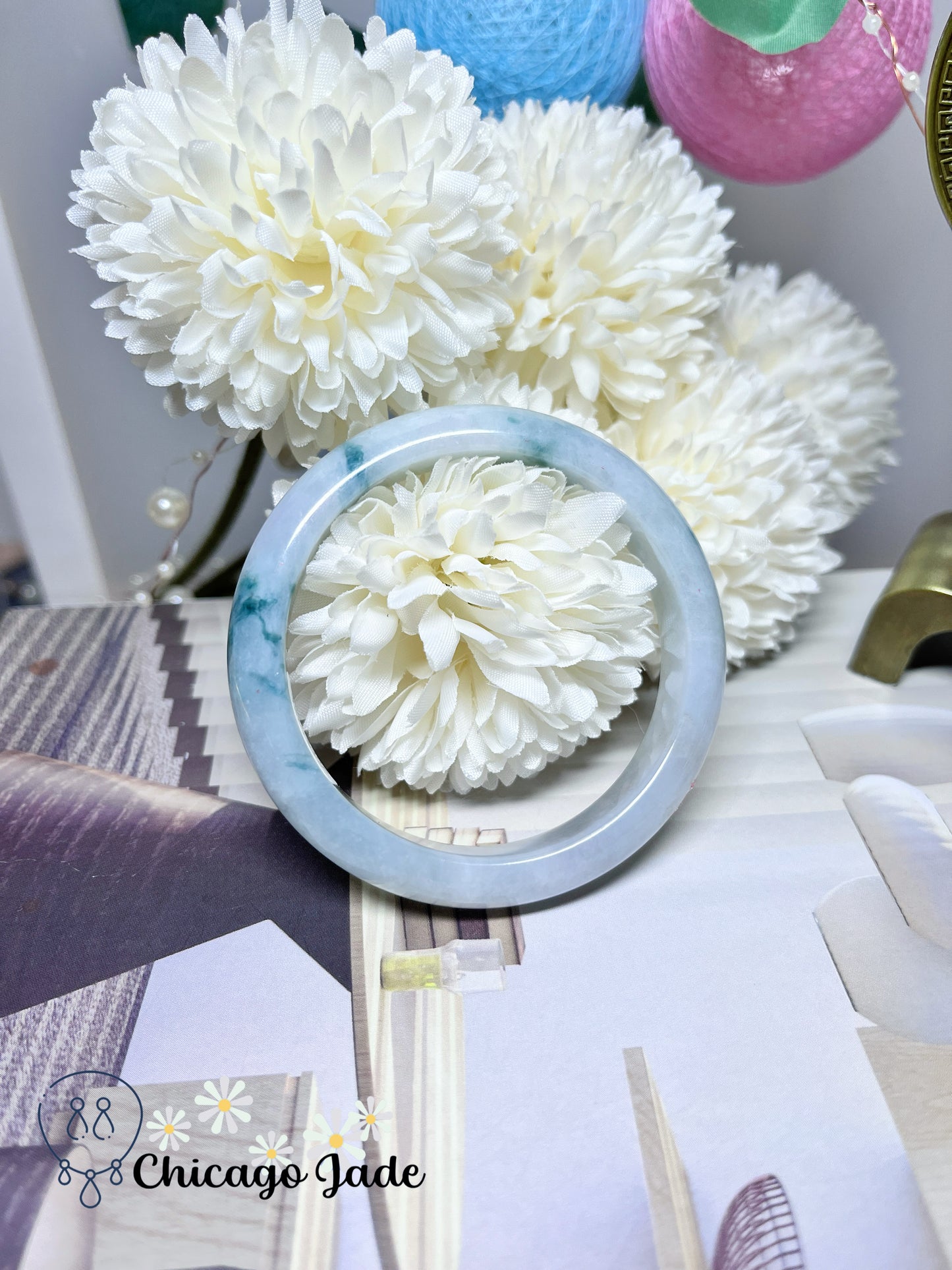 53.7mm Size S Flat Inside Moonlight White Base with Floating Blue Flower Natural Jadeite Jade Feicui Bangle