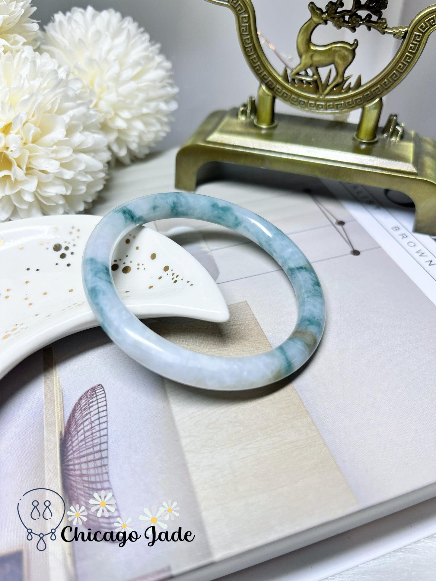 54.6mm Size M Round White Base with Floating Blue Flowers Jadeite Jade Feicui Bangle Certified Burma