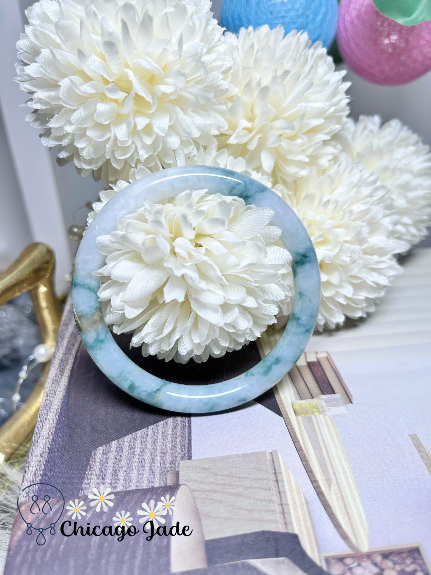 54.6mm Size M Round White Base with Floating Blue Flowers Jadeite Jade Feicui Bangle Certified Burma