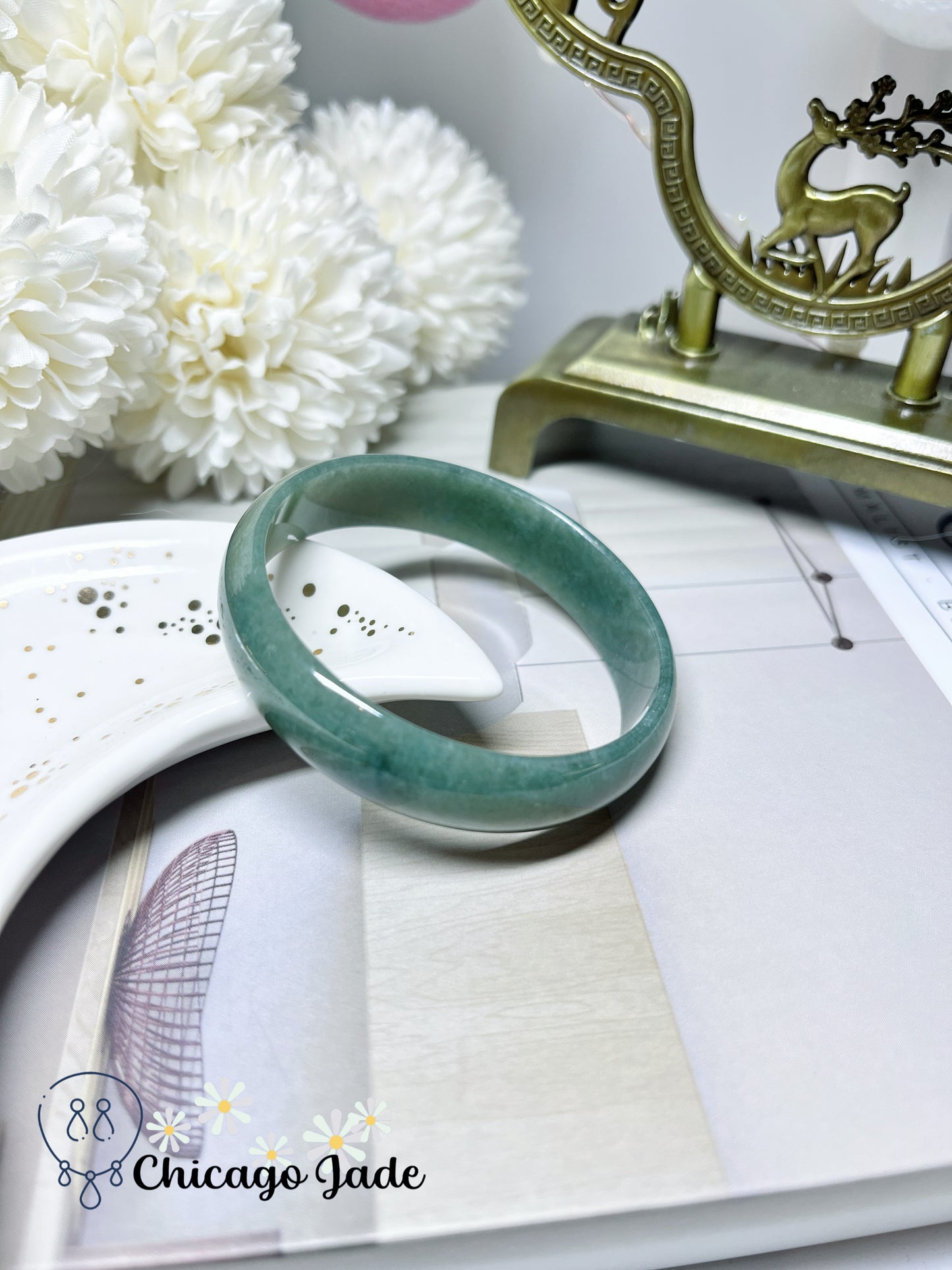 52.6mm Size XS Full Dark Green Flat Inside Dainty Princess Style Natural Jadeite Jade Feicui Bangle