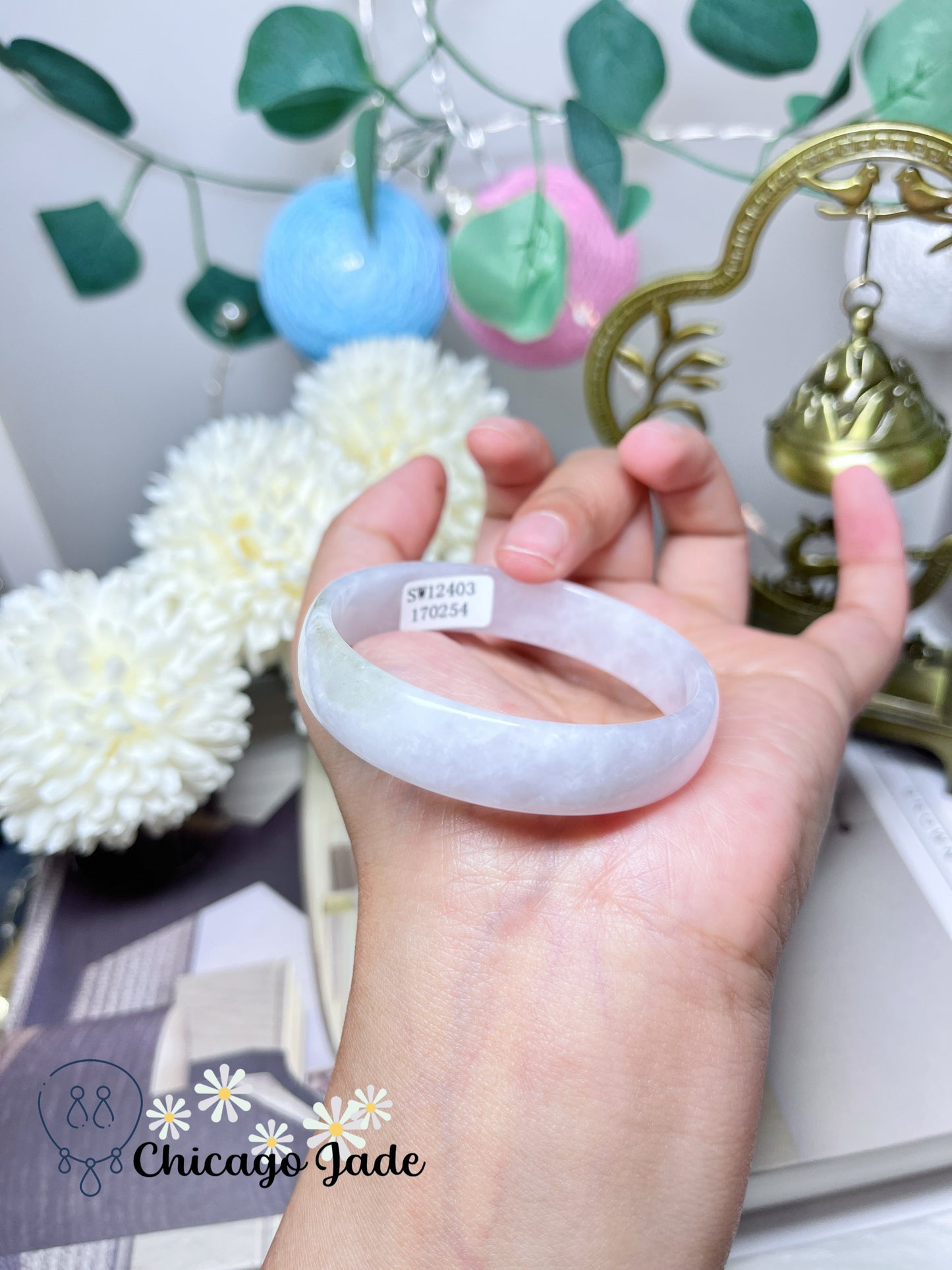 51.9mm Size XS Icy Moonlight White Base with Highlights of Yellow Green Flat Inside Princess Style Natural Jadeite Jade Feicui Bangle