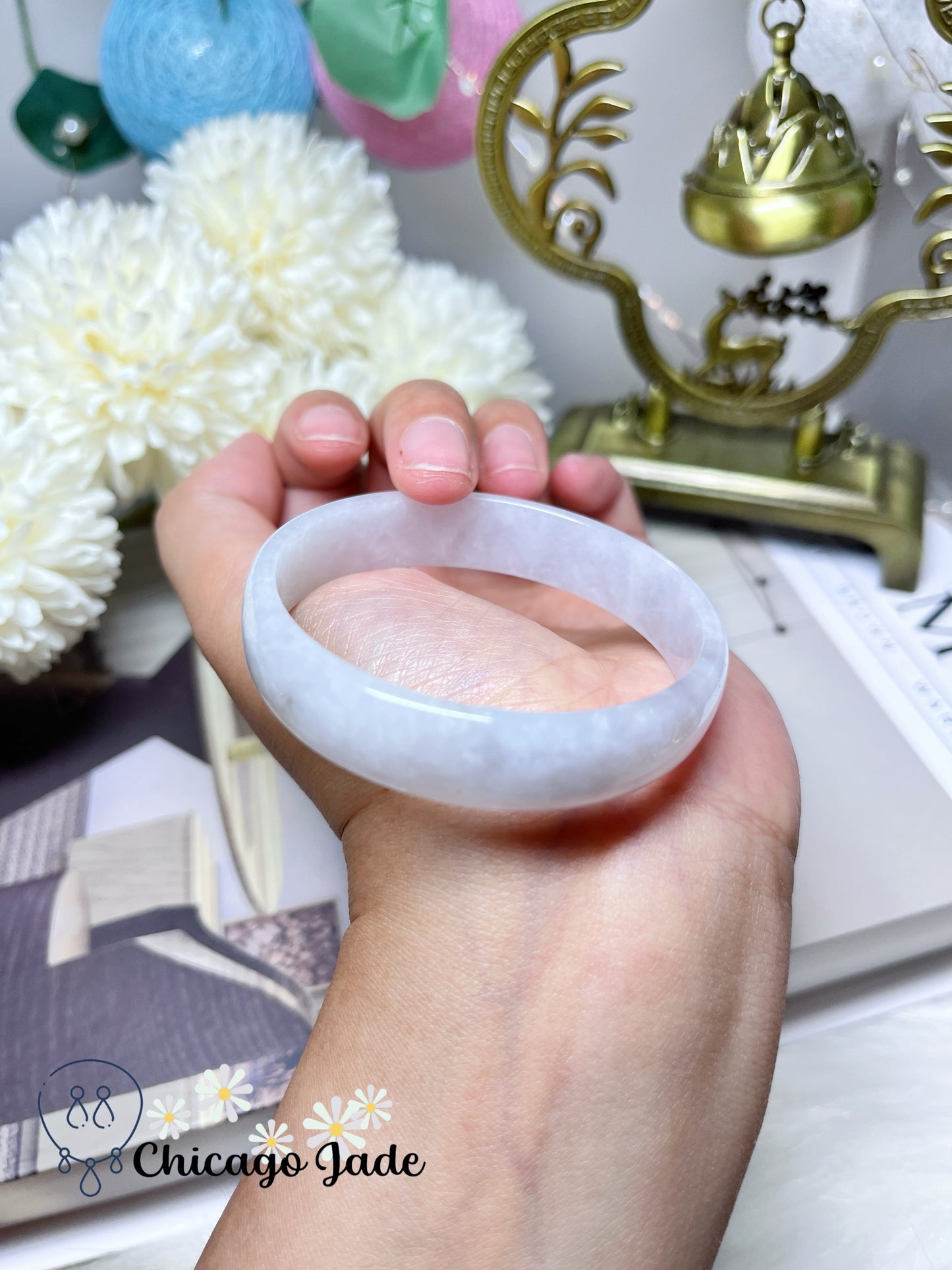51.9mm Size XS Icy Moonlight White Base with Highlights of Yellow Green Flat Inside Princess Style Natural Jadeite Jade Feicui Bangle