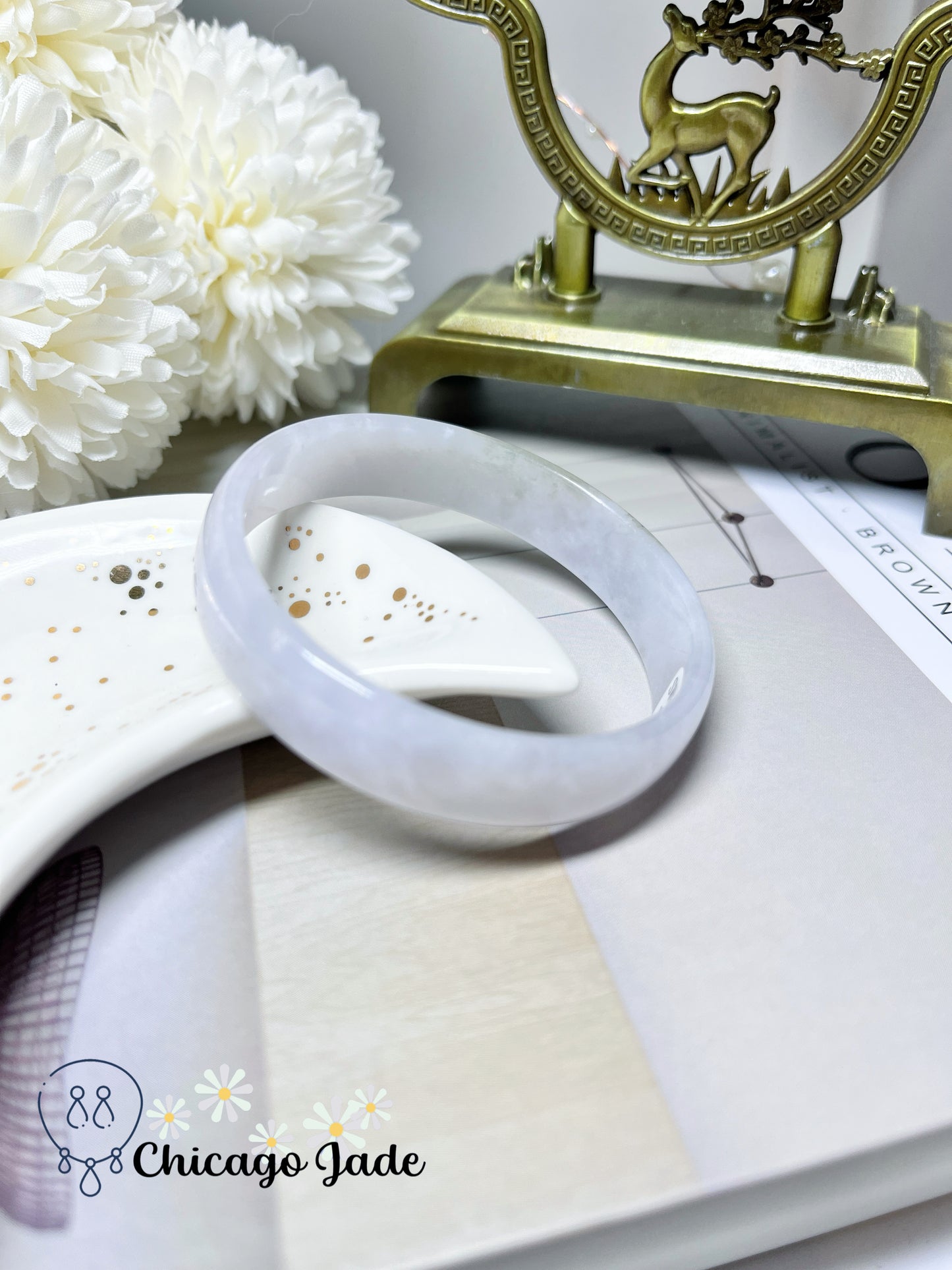 51.9mm Size XS Icy Moonlight White Base with Highlights of Yellow Green Flat Inside Princess Style Natural Jadeite Jade Feicui Bangle
