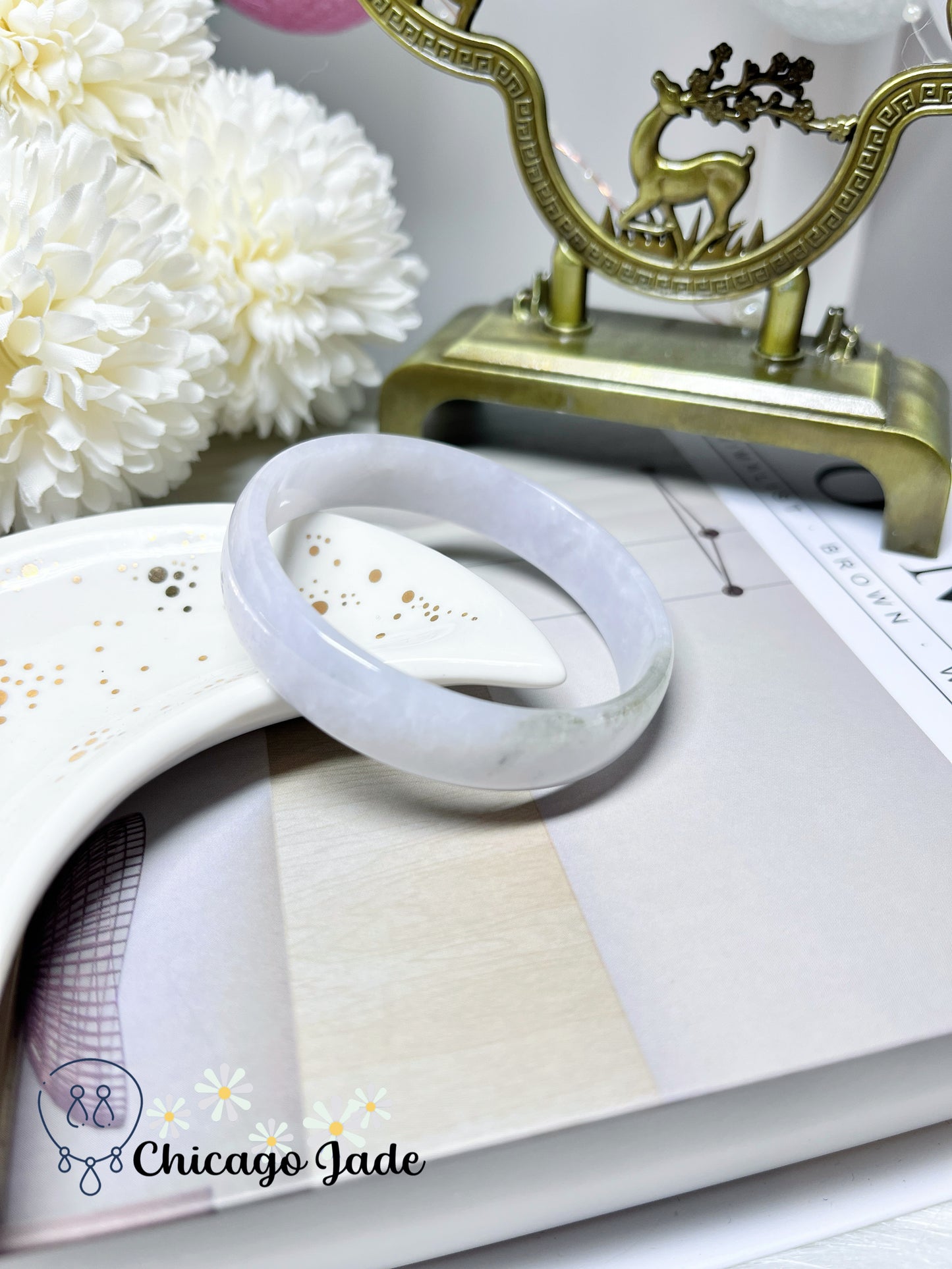 51.9mm Size XS Icy Moonlight White Base with Highlights of Yellow Green Flat Inside Princess Style Natural Jadeite Jade Feicui Bangle