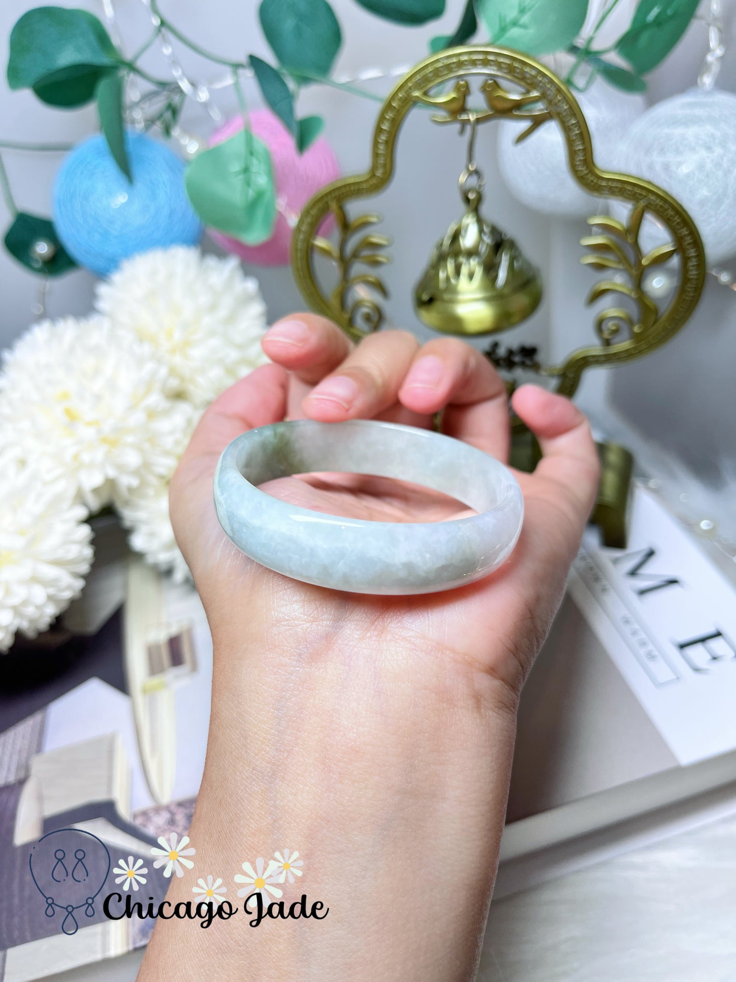 50.6mm Size XS Light Green Base with Darker Green Highlights Flat Inside Dainty Princess Style Natural Jadeite Jade Feicui Bangle