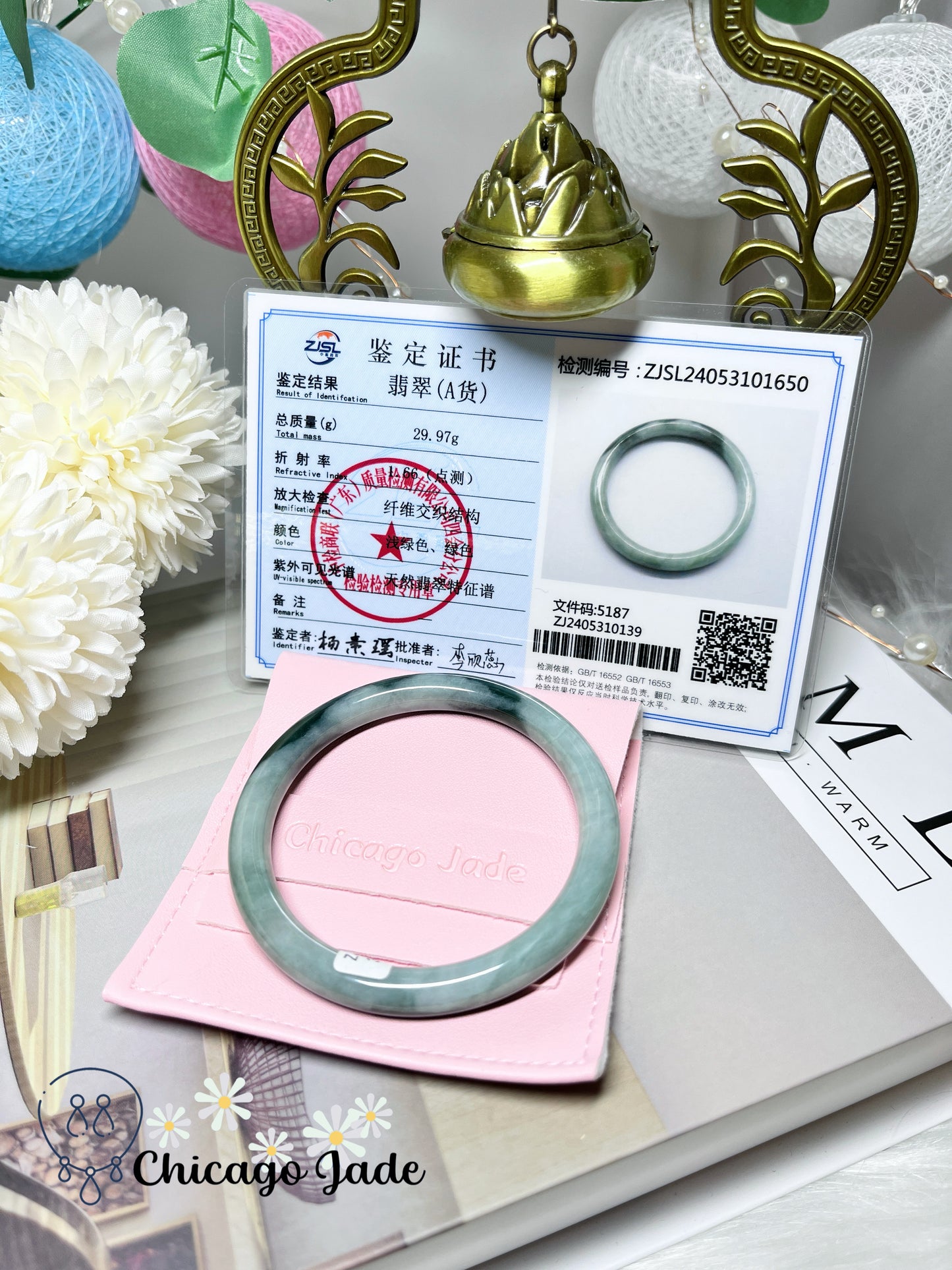 56mm Size M Light Green Base with Dark Green Highlights Natural Round Jadeite Jade Feicui Bangle
