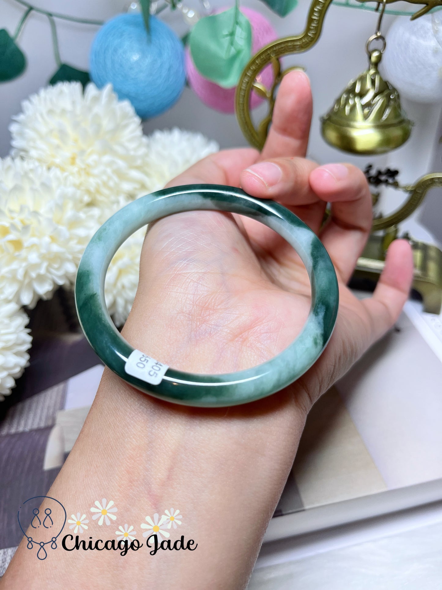 56mm Size M Light Green Base with Dark Green Highlights Natural Round Jadeite Jade Feicui Bangle