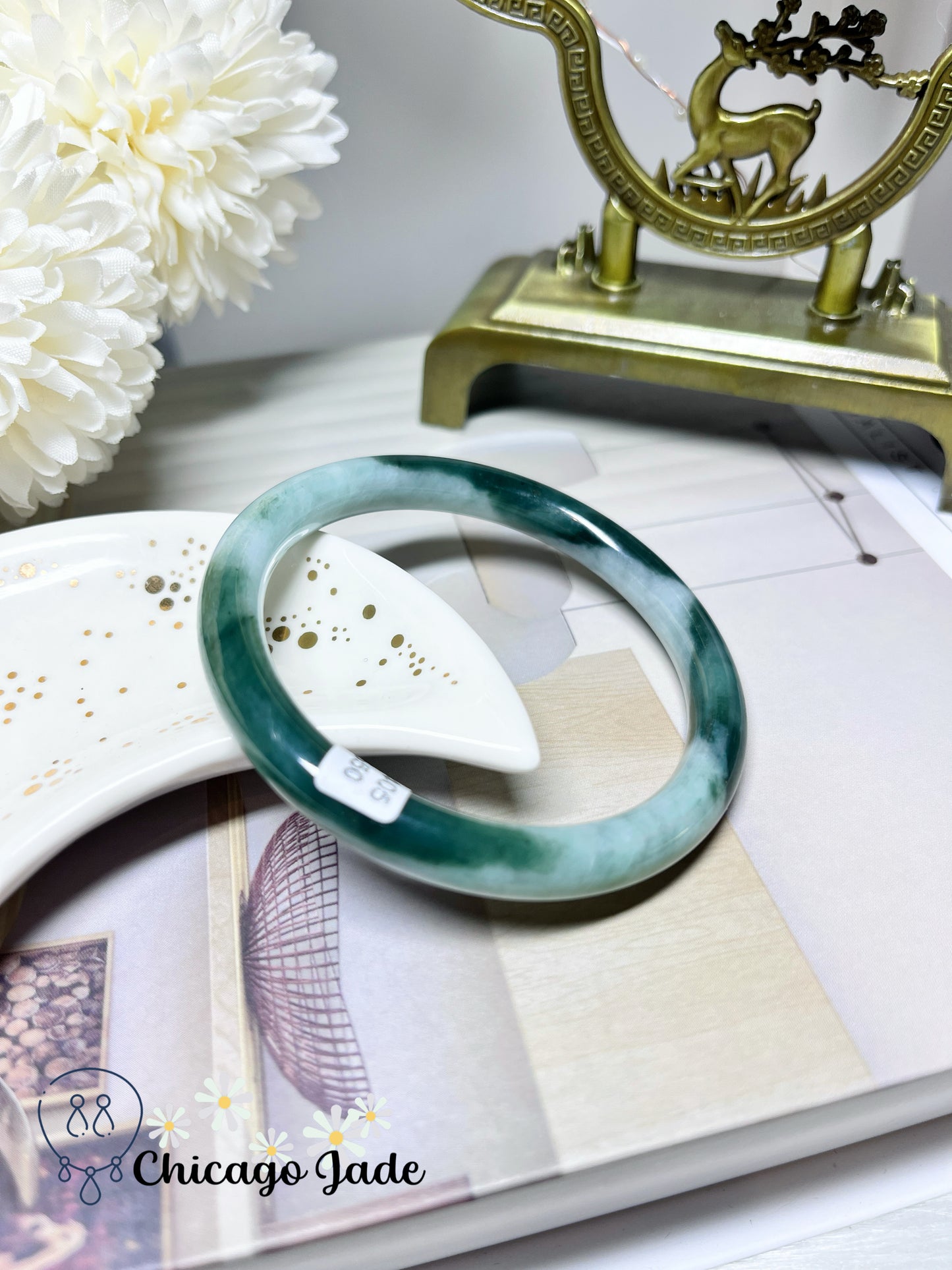 56mm Size M Light Green Base with Dark Green Highlights Natural Round Jadeite Jade Feicui Bangle