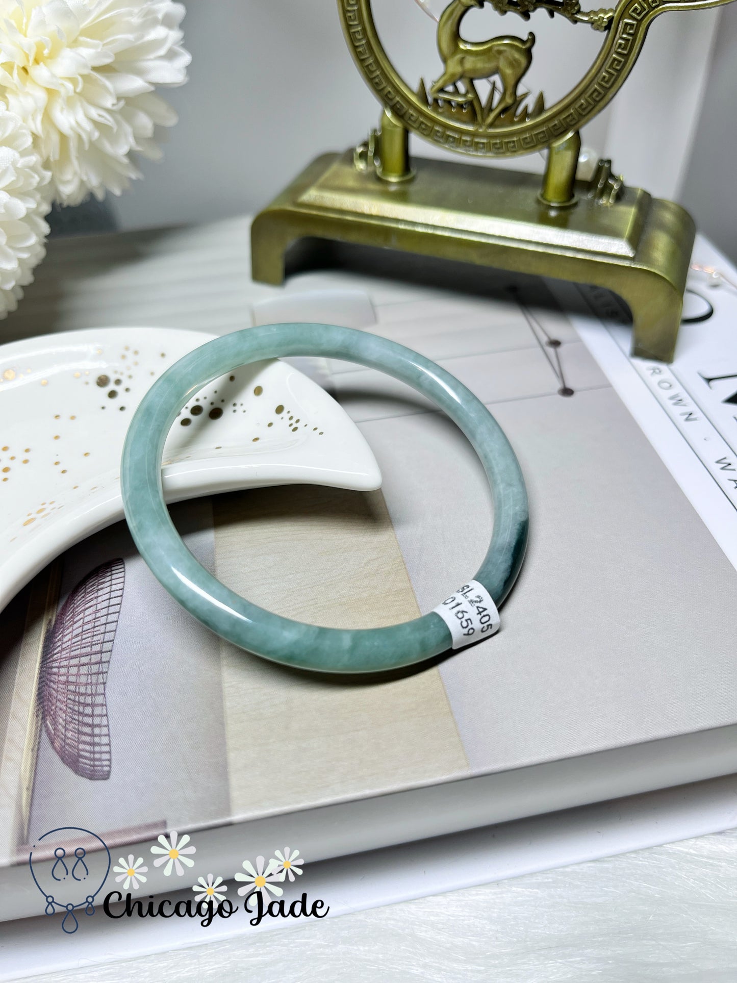56mm Size M Light Green Round Jadeite Jade Bangle with Touches of Darker Green