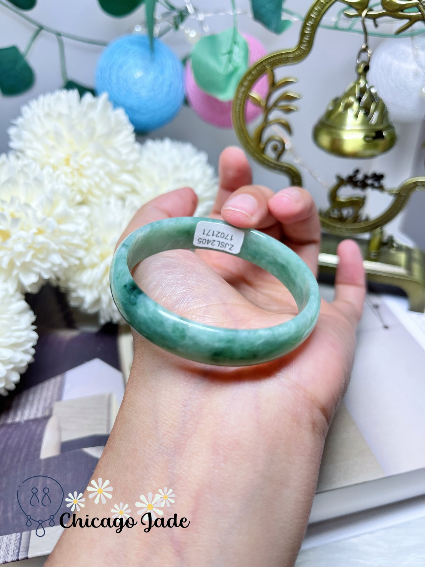 51mm Size XS Full Green with Darker Highlights Flat Inside Dainty Princess Style Natural Jadeite Jade Feicui Bangle Certified Burma