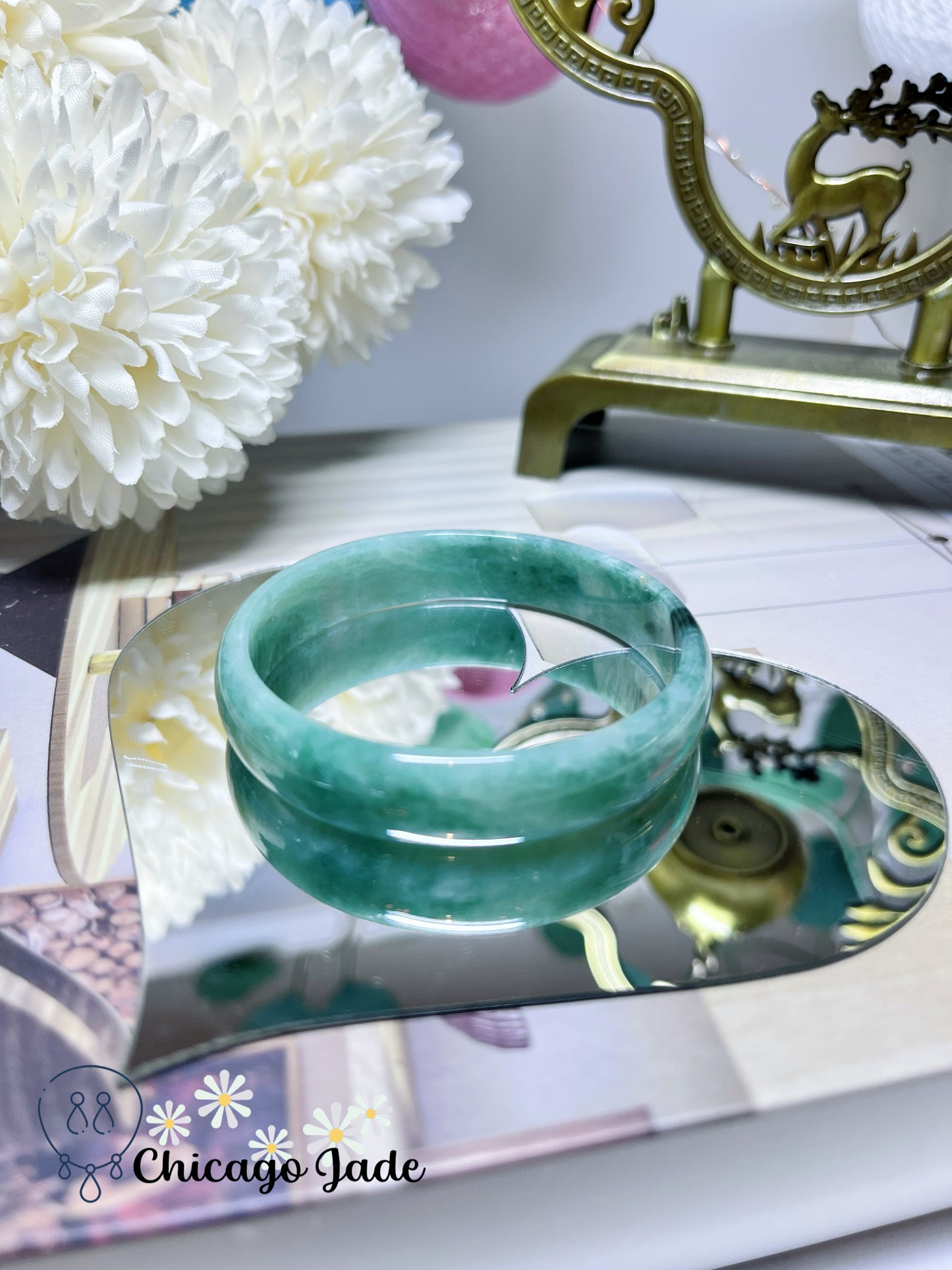 51mm Size XS Full Green with Darker Highlights Flat Inside Dainty Princess Style Natural Jadeite Jade Feicui Bangle Certified Burma