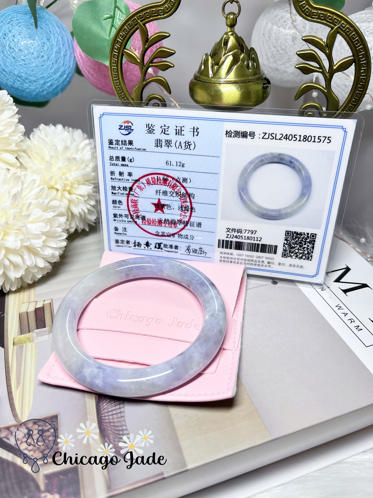 57mm Size M Icy Moonlight with Spots of Purple Blue Natural Jadeite Jade Feicui Bangle Certified Burma