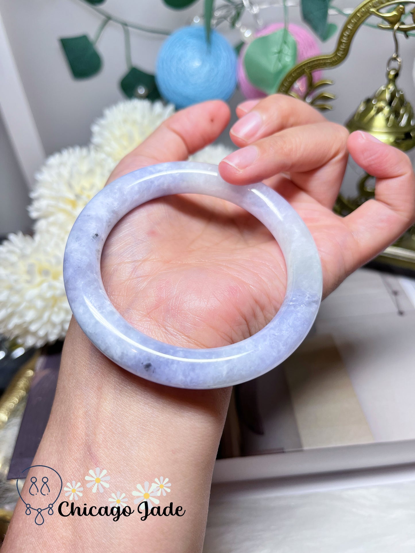 57mm Size M Icy Moonlight with Spots of Purple Blue Natural Jadeite Jade Feicui Bangle Certified Burma