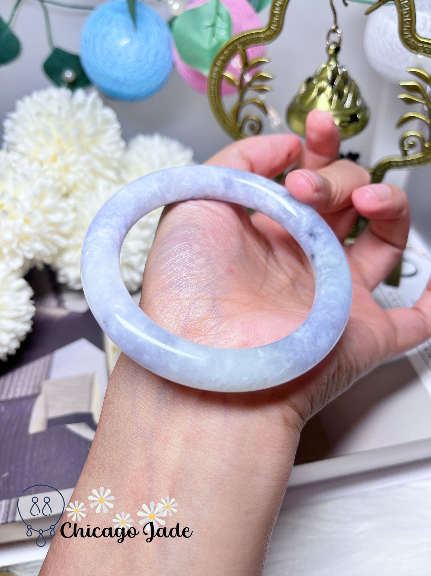 57mm Size M Icy Moonlight with Spots of Purple Blue Natural Jadeite Jade Feicui Bangle Certified Burma