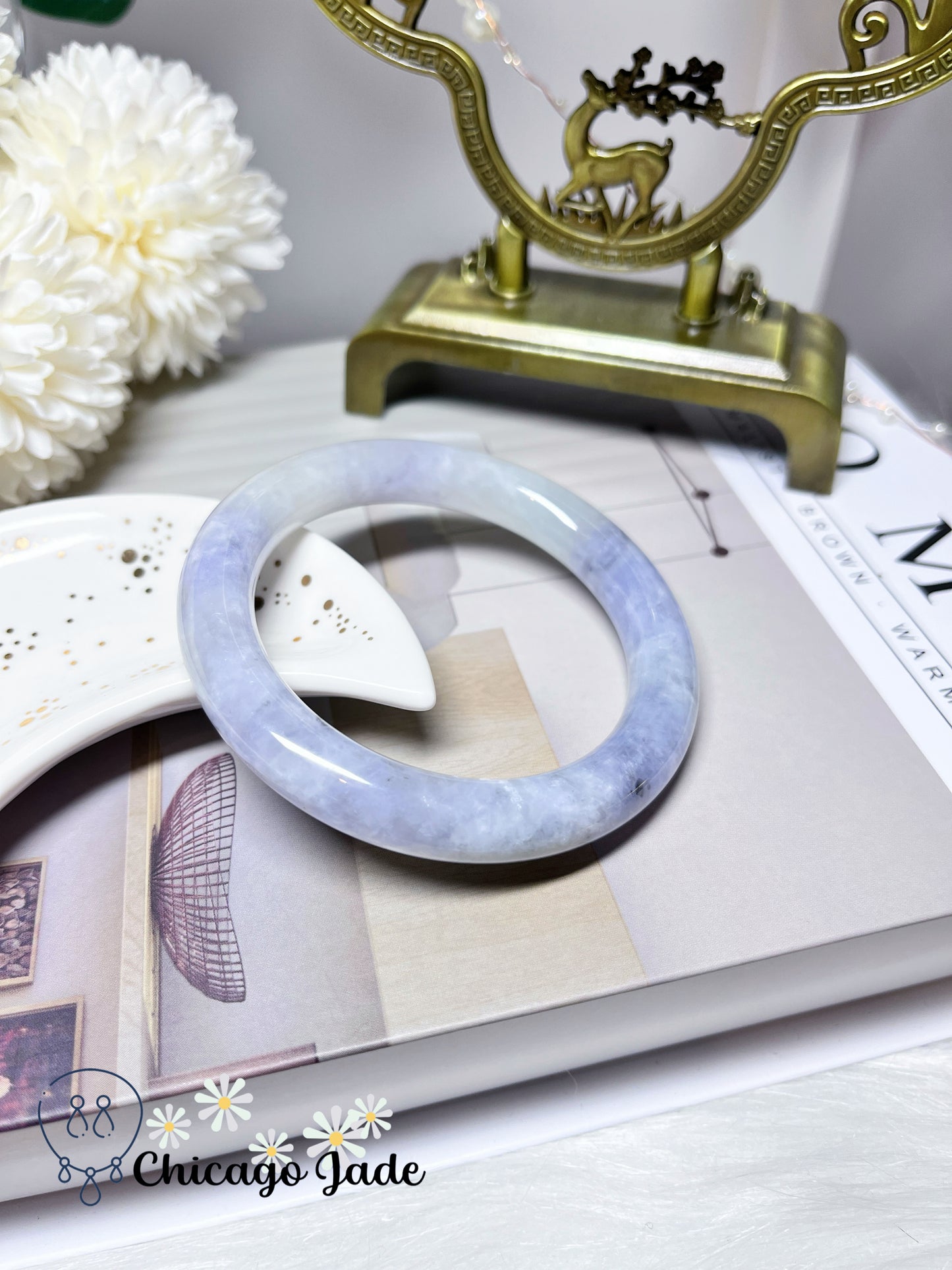 57mm Size M Icy Moonlight with Spots of Purple Blue Natural Jadeite Jade Feicui Bangle Certified Burma