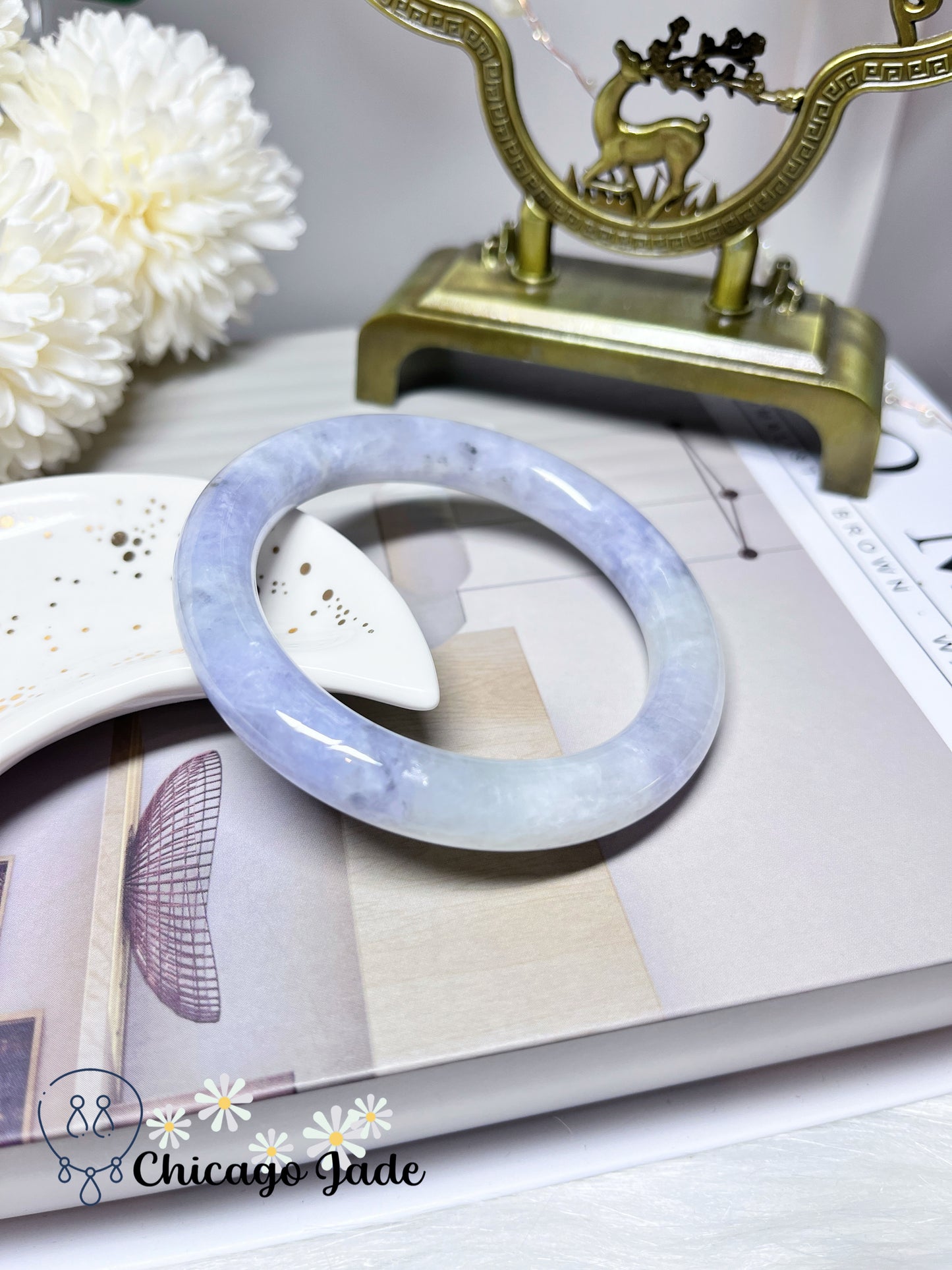 57mm Size M Icy Moonlight with Spots of Purple Blue Natural Jadeite Jade Feicui Bangle Certified Burma