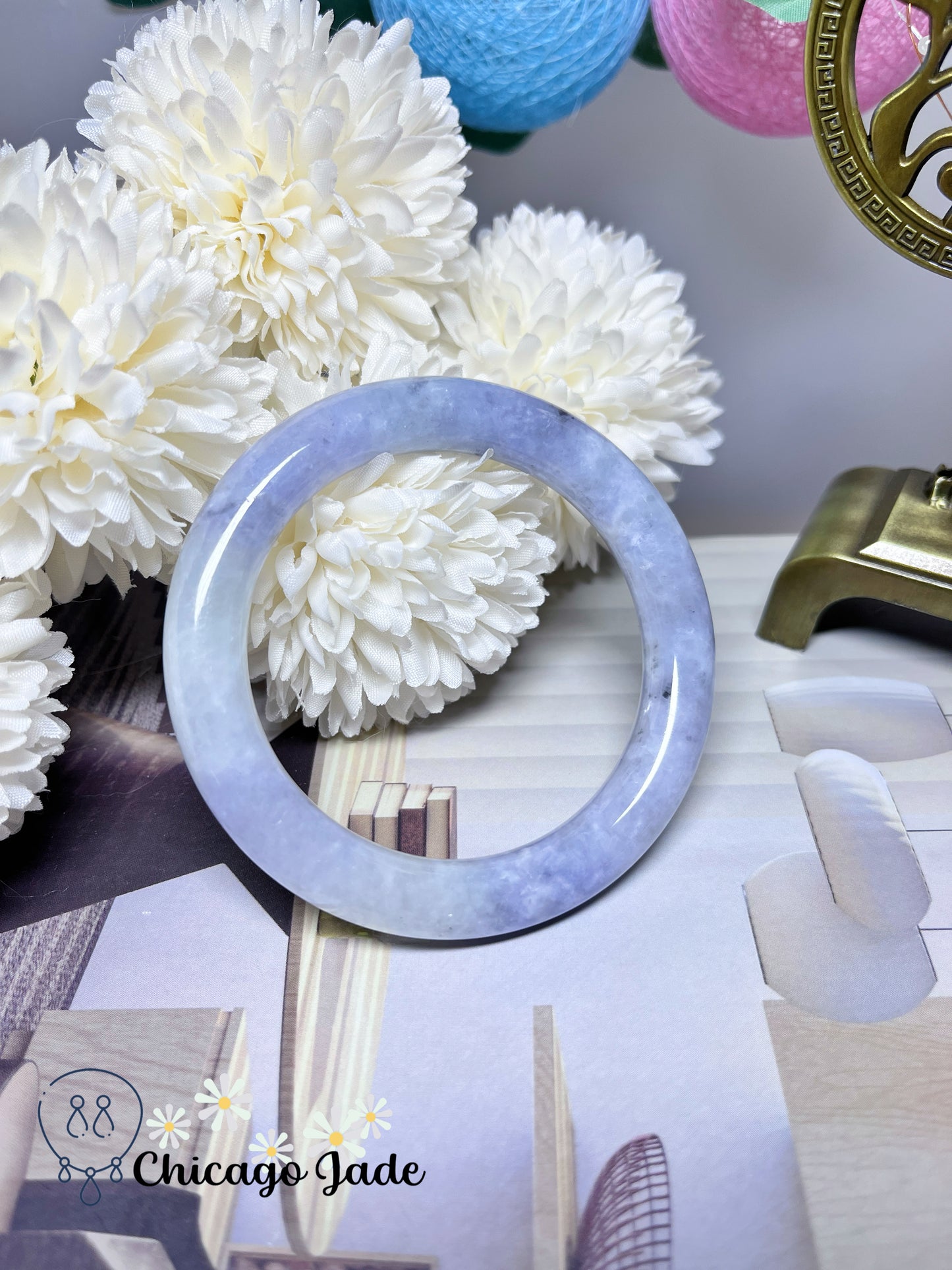57mm Size M Icy Moonlight with Spots of Purple Blue Natural Jadeite Jade Feicui Bangle Certified Burma