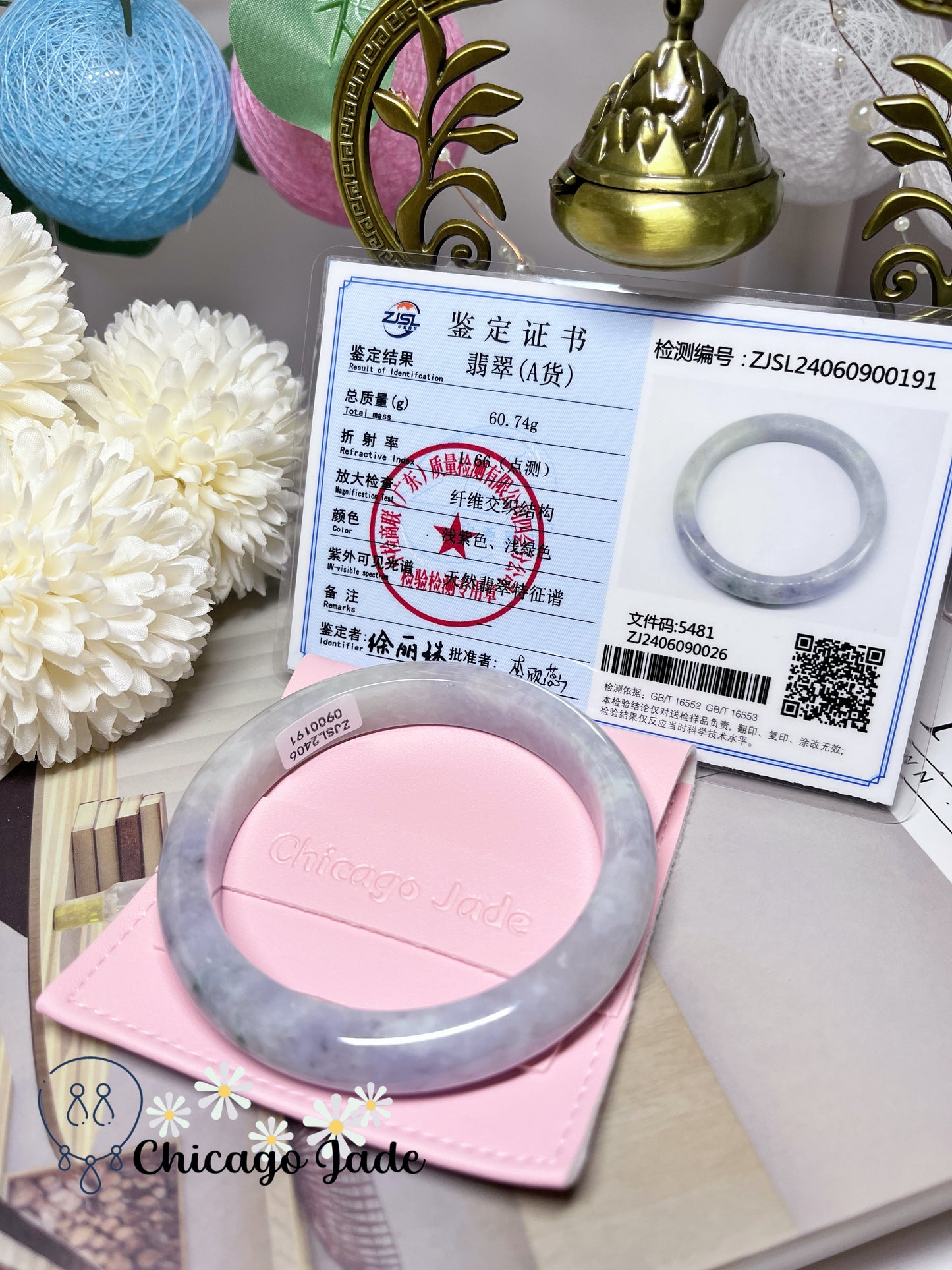 60.9mm Size L Flat Inside Light Purple Base with Darker Lavender Highlights Jadeite Jade Feicui Bangle Certified Burma