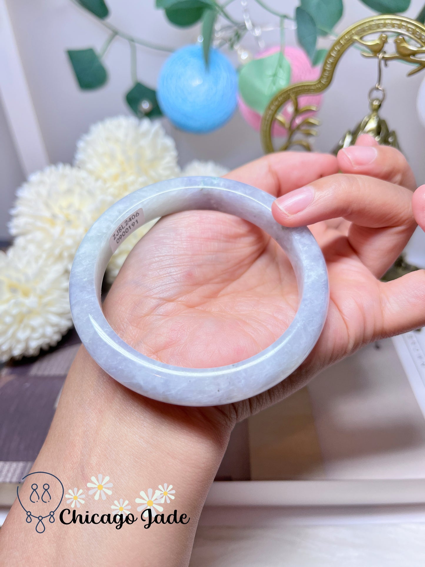 60.9mm Size L Flat Inside Light Purple Base with Darker Lavender Highlights Jadeite Jade Feicui Bangle Certified Burma