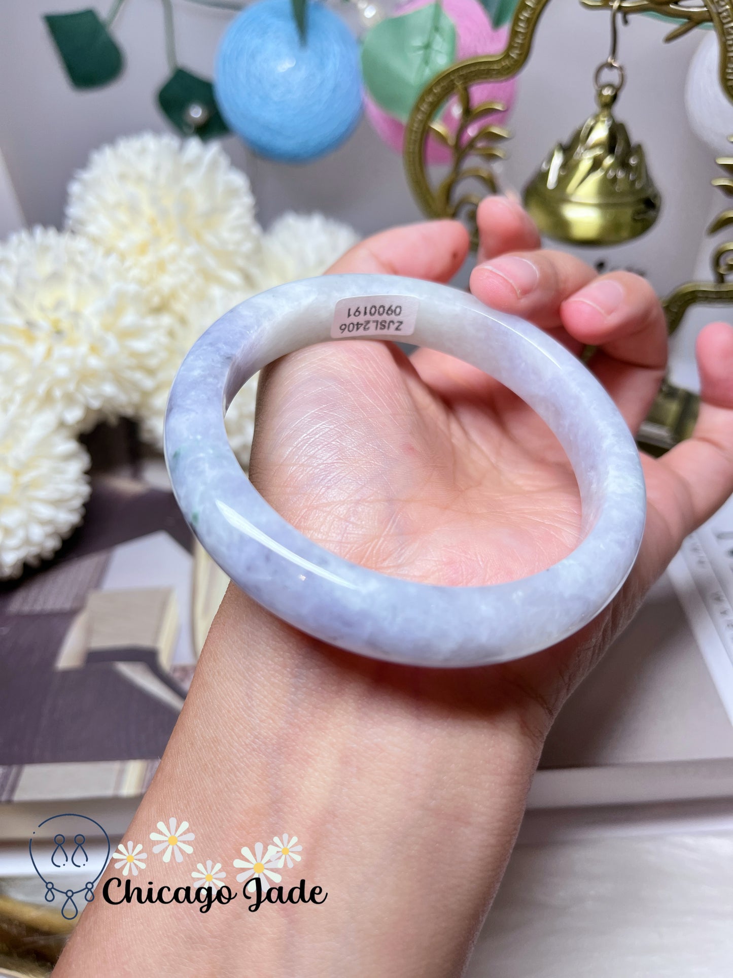60.9mm Size L Flat Inside Light Purple Base with Darker Lavender Highlights Jadeite Jade Feicui Bangle Certified Burma